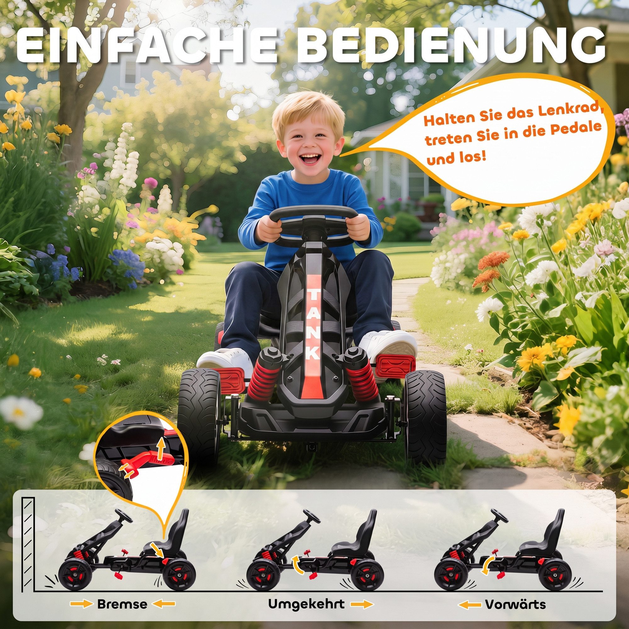 AIYAPLAY Go-Kart Tretauto mit Handbremse, Vor- und Rückwärtsgang, Tretfahrzeug, für Kinder 3-6 Jahren Rot – Bild 4 von 5