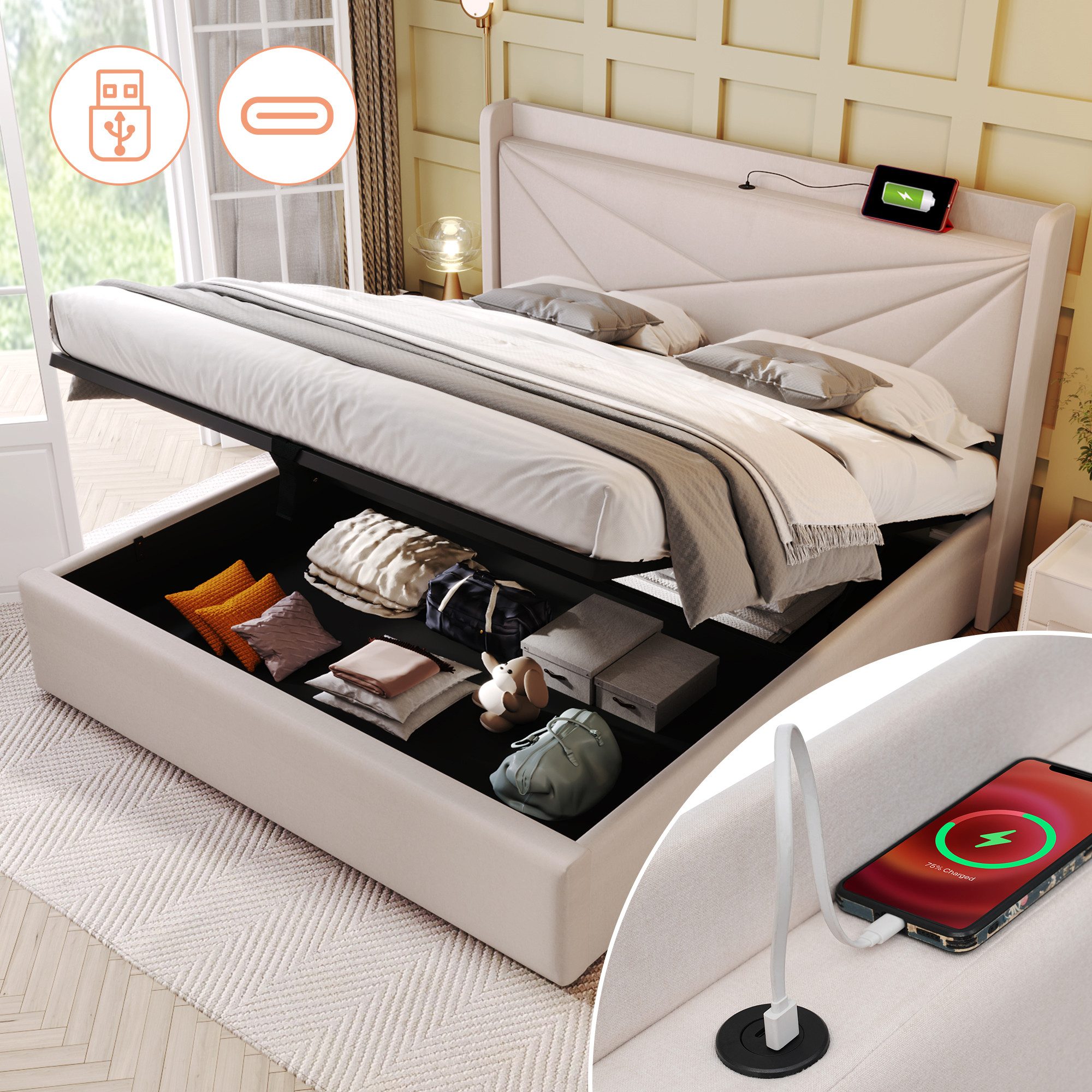 TavilaEcon Boxspringbett Einzelbett mit Stauraum und USB Typ C Ladefunktion günstig online kaufen