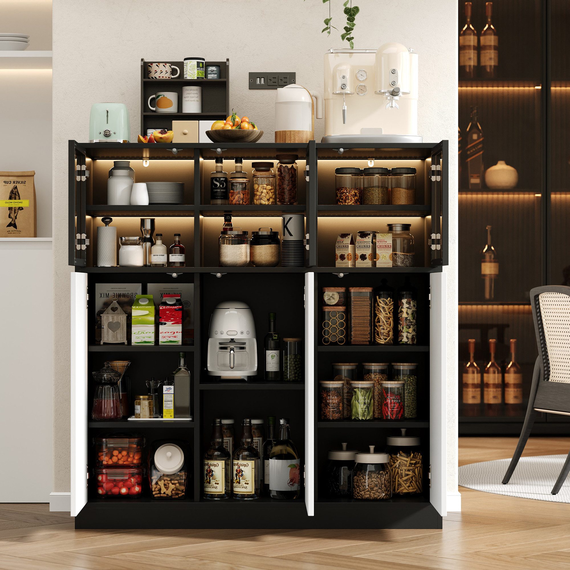 Flieks Mehrzweckschrank Sideboard mit LED-Beleuchtung und Glastüren (1-St., 100x40x105 cm) Küchenschrank Sideboard Holzschrank mit 14 Fächer Schwarz&Weiß – Bild 4 von 5