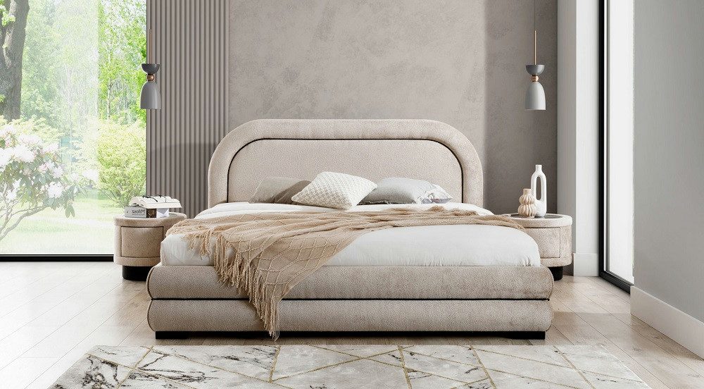 Schlafzimmer-Set Beiges Doppelbett mit stilvollen Textil-Nachttischen