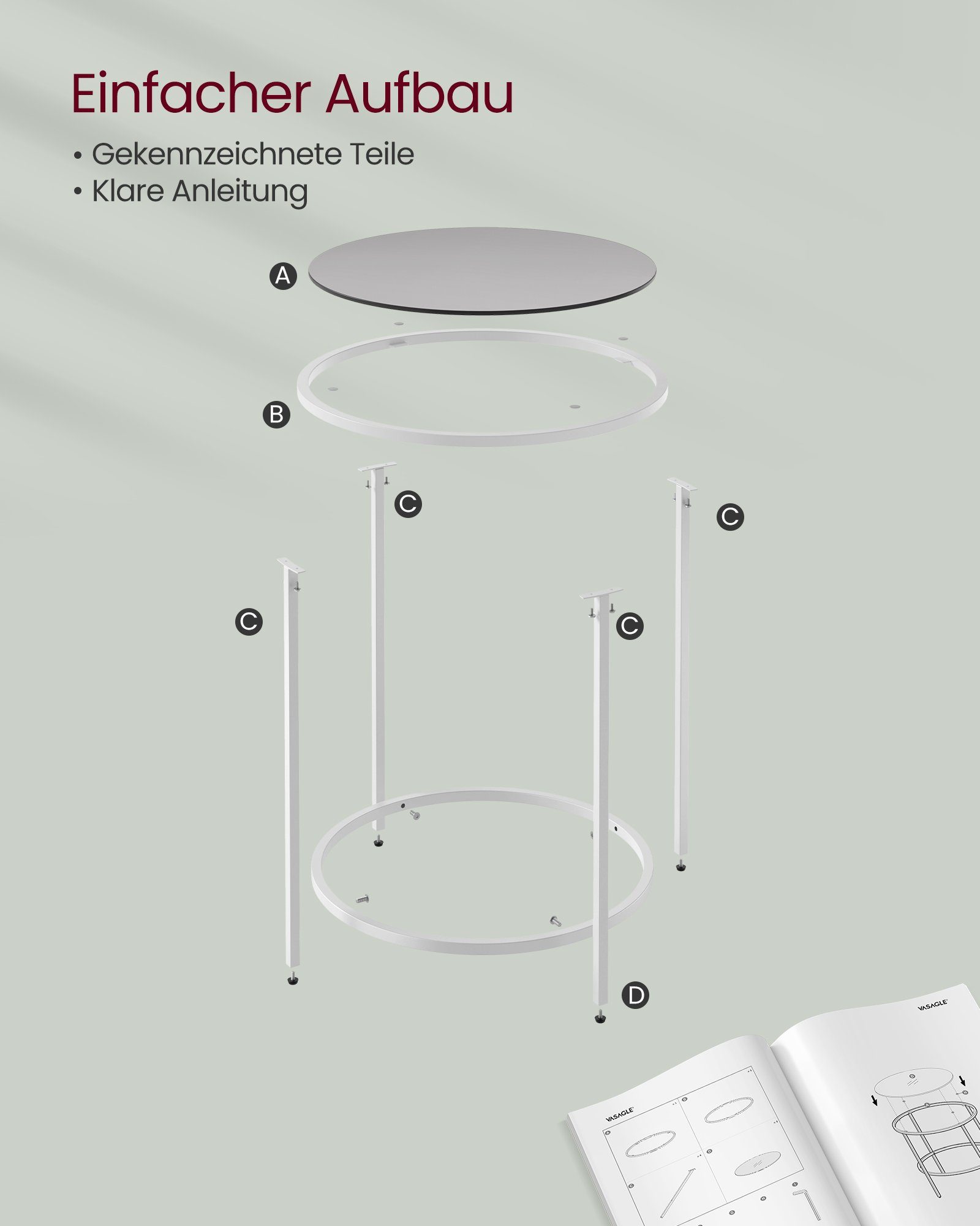 robustes Beistelltisch, cm Ø kleiner rund, Glastisch, 50 VASAGLE Hartglas, Perlweiß-Schiefergrau
