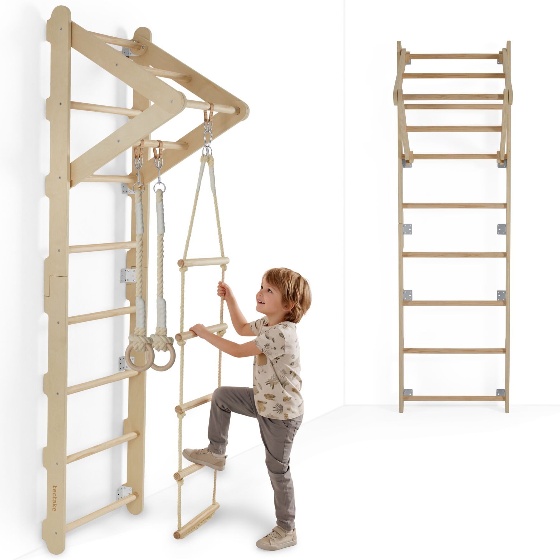 tectake Klettergerüst Sprossenwand, 4in1, höhenverstellbare Turnringe, Strickleiter und Klimmzugstange