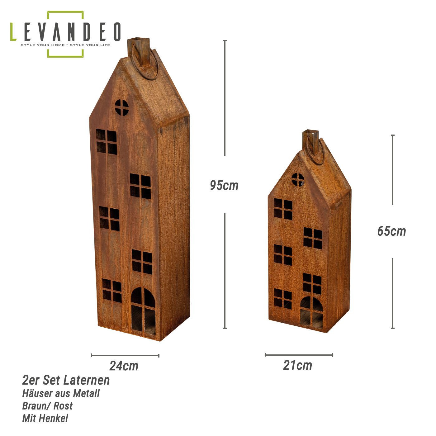 Levandeo® Kerzenlaterne, 2er Set Laterne Haus H65-95cm Metall Rost Deko Win günstig online kaufen