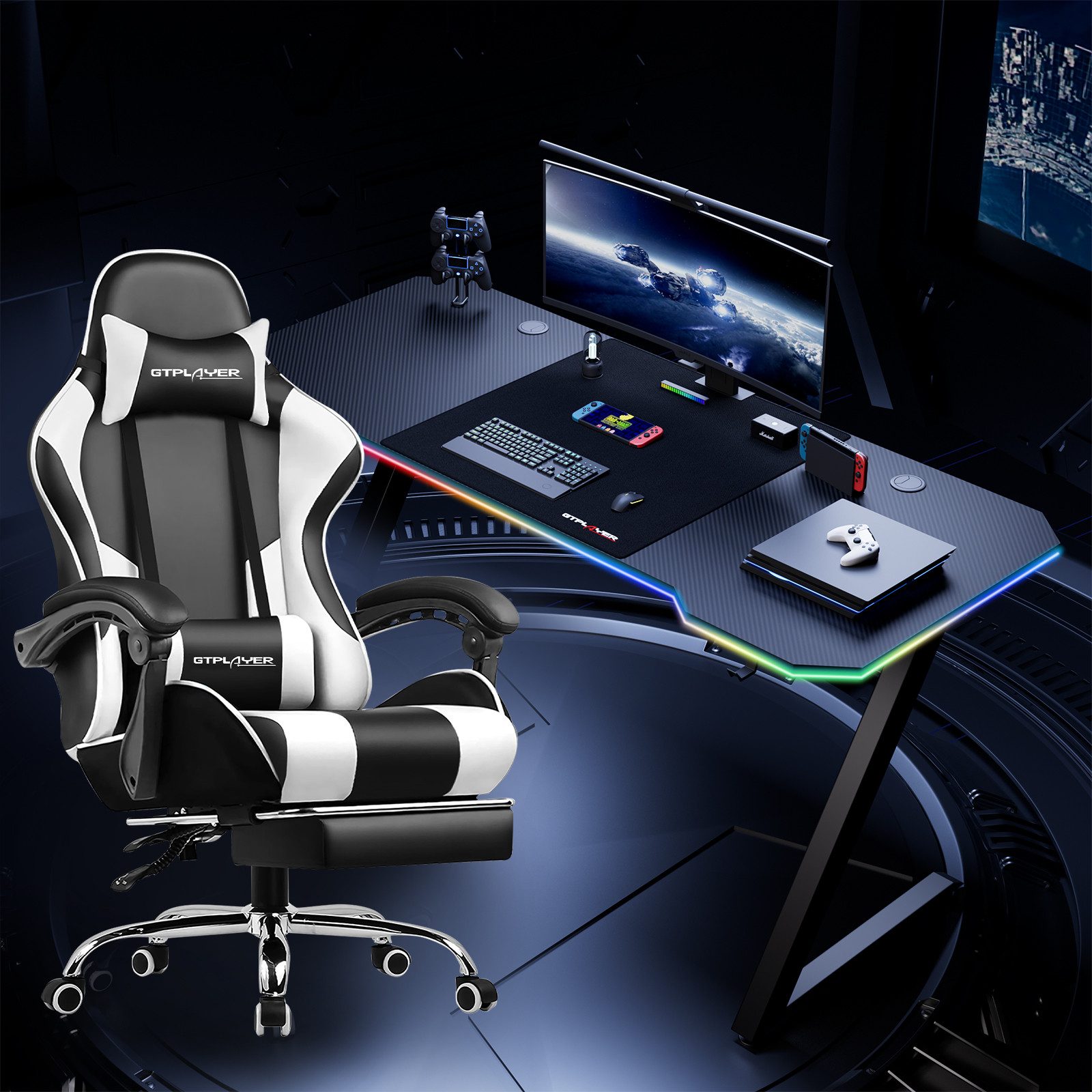 GTPLAYER Gamingtisch Gaming Tisch + Gaming Stuhl- Set, Computertisch Stuhl Set für Gaming, mit Kopfhörerhaken & Getränkehalter