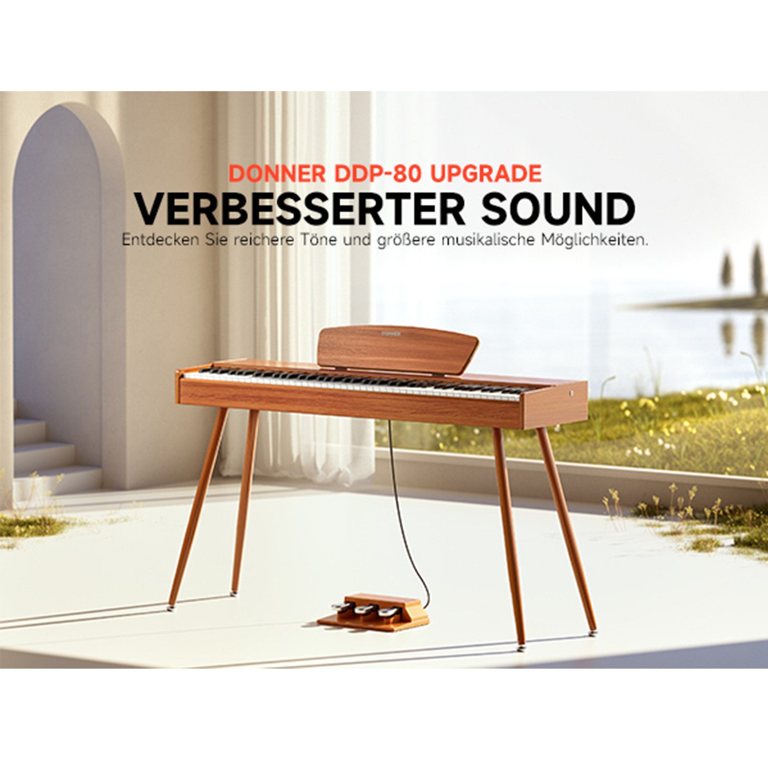 Donner Digitalpiano DDP 80 Upgrade Gewichtete Tasten mit Konzertstrings und Orgelklang (Set, mit Notenständer, Dreifachpedal, Netzteil), für Anfänger,Elektrisch – Bild 3 von 5