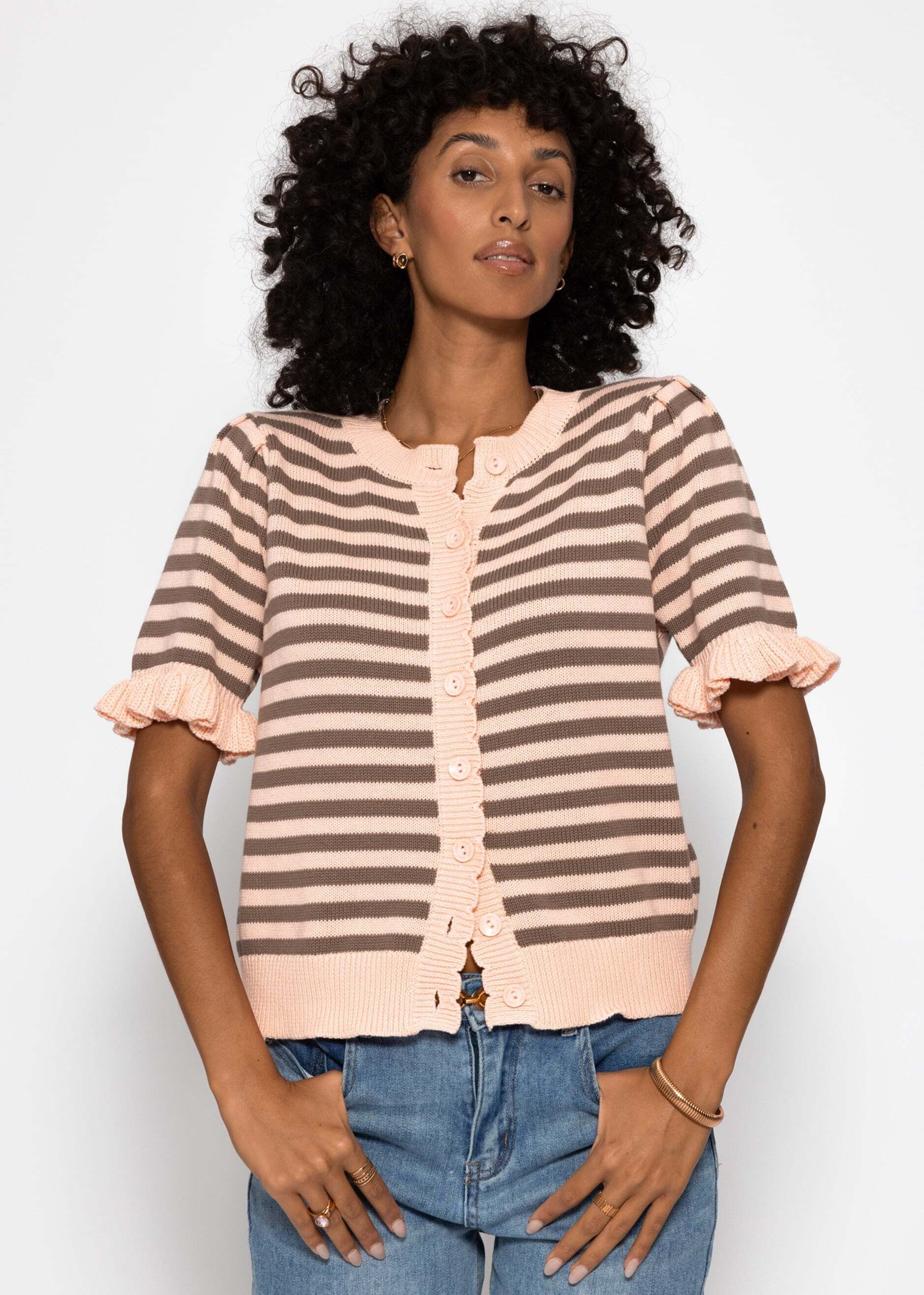 SASSYCLASSY Cardigan Gestreifte Kurzarm-Strickjacke mit Volants Damen Versp günstig online kaufen