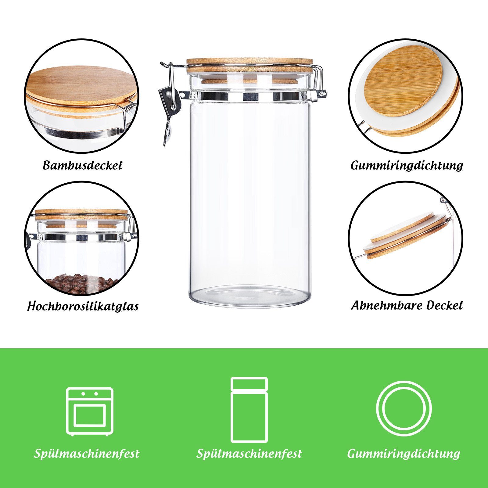 Homewit Einmachglas Vorratsdosen, 4-tlg), für Lebensmittel Vorratsglas mit 1,2 Drahtbügelverschluss L Frischhaltendosen (Set, Konservierung Aufbewahrungsgläser Luftdichtes