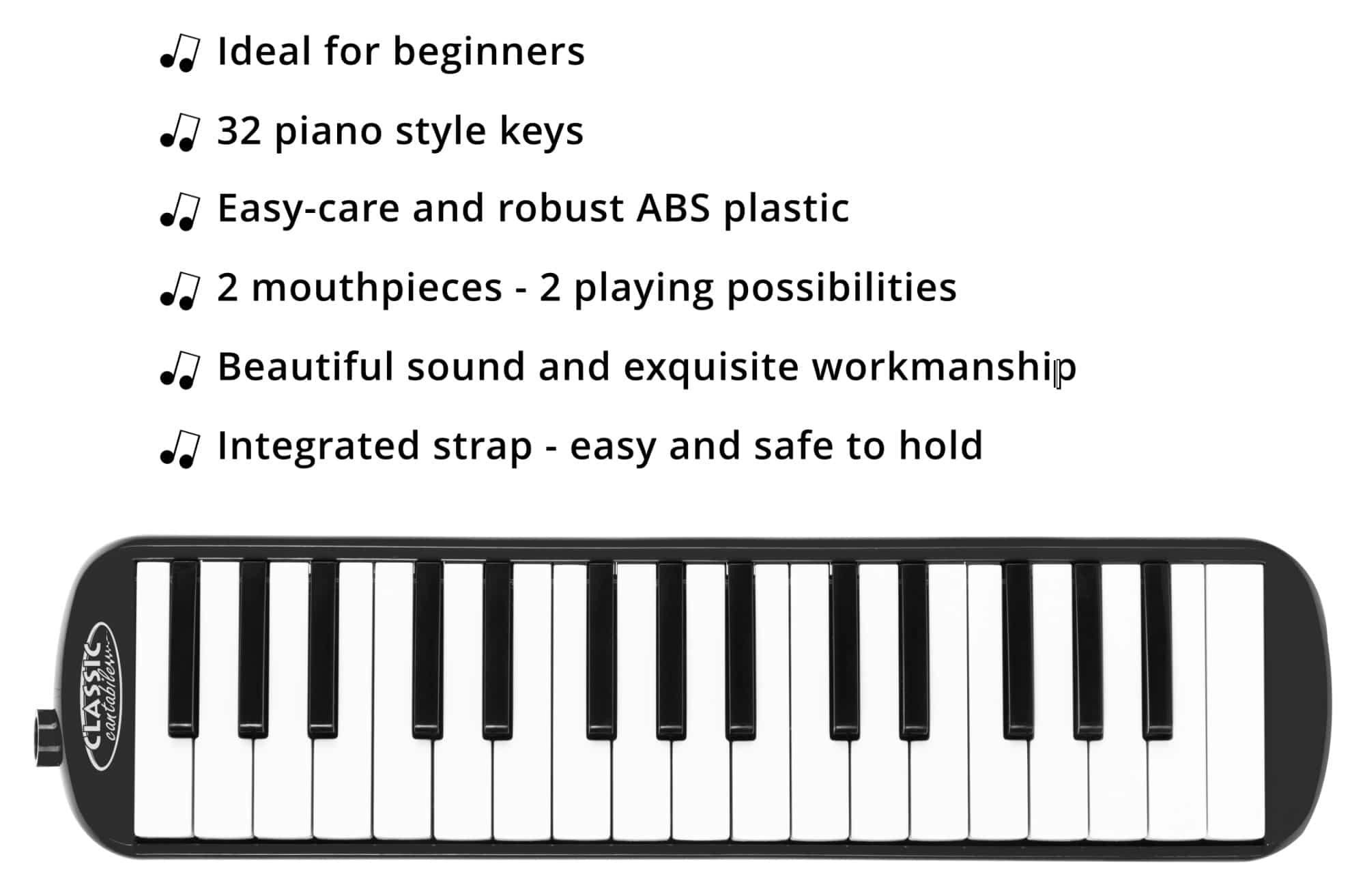 Classic Cantabile Melodica Blasharmonika mit 32 Tasten - Melodica Instrument f - c³, Anfänger-Set, 6-St., Mit Etui, Mundstück und Anblasschlauch, Booklet mit 5  – Bild 3 von 5