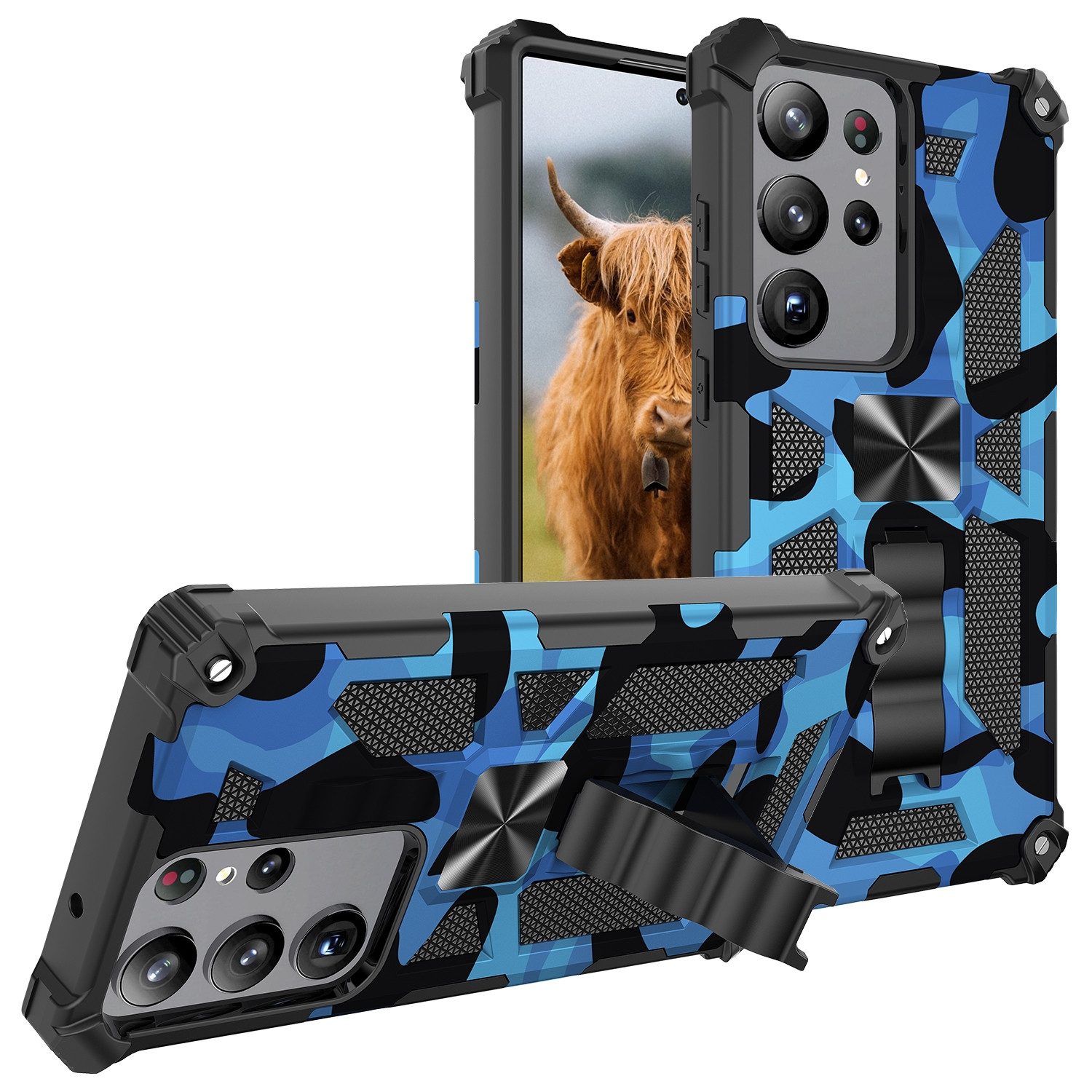 Wigento Handyhülle Für Samsung Galaxy S23 Ultra Stoßfeste Handy Hülle Camouflage Blau