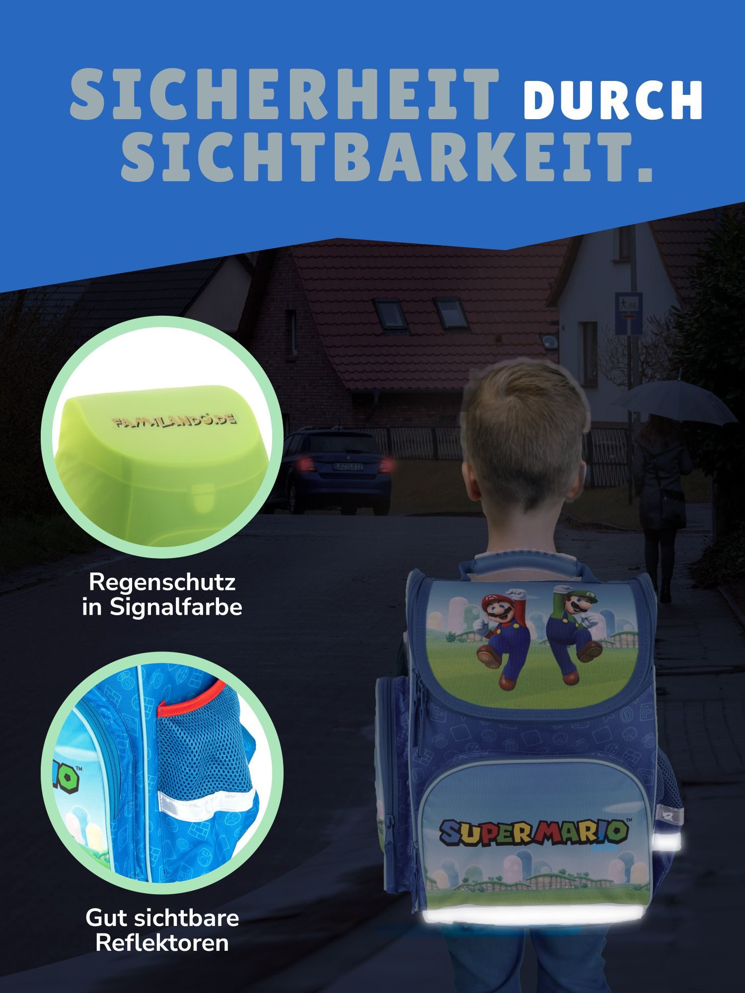 Familando Schulranzen Clou Super Mario Schultasche, blau, ab 1. Klasse (Grund-Set, 5-tlg., mit Federmappe, Schlamper, Turn- & Geldbeutel), kompakt, leicht, robust