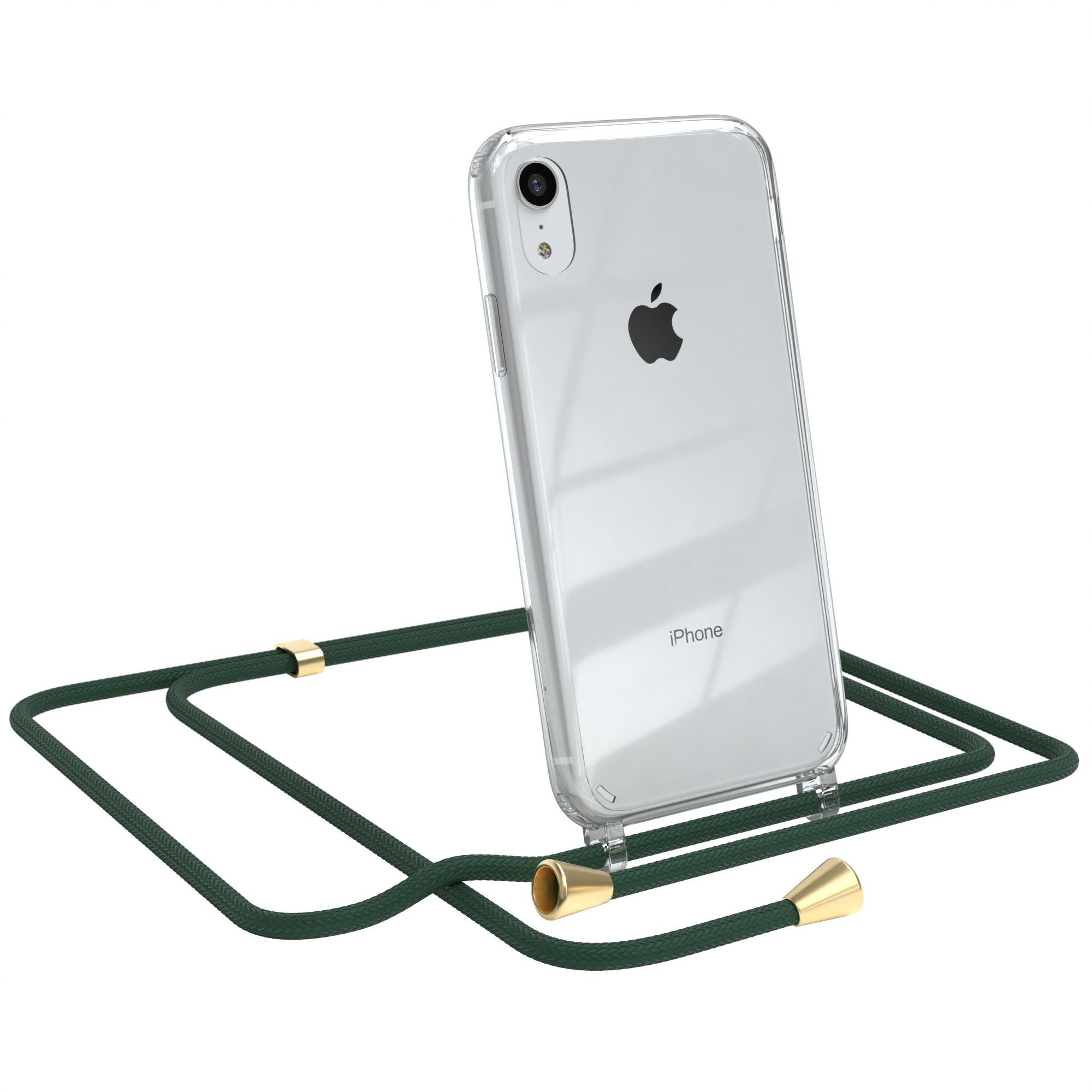 EAZY CASE Handykette Hülle mit Kette für Apple iPhone XR 6,1 Zoll, Kettenhülle zum Umhängen Tasche Handykordel Slimcover Grün Clips Gold