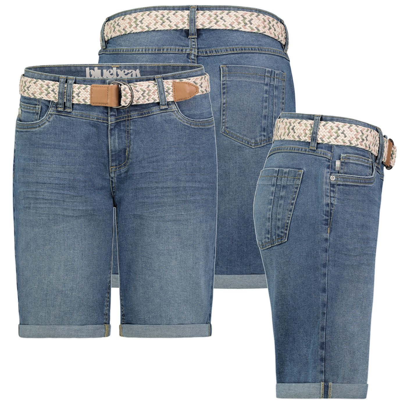 SUBLEVEL Bermudas Damen Jeans Shorts Bermuda Kurze Hose Short Denim Stretch Denim Gürtel