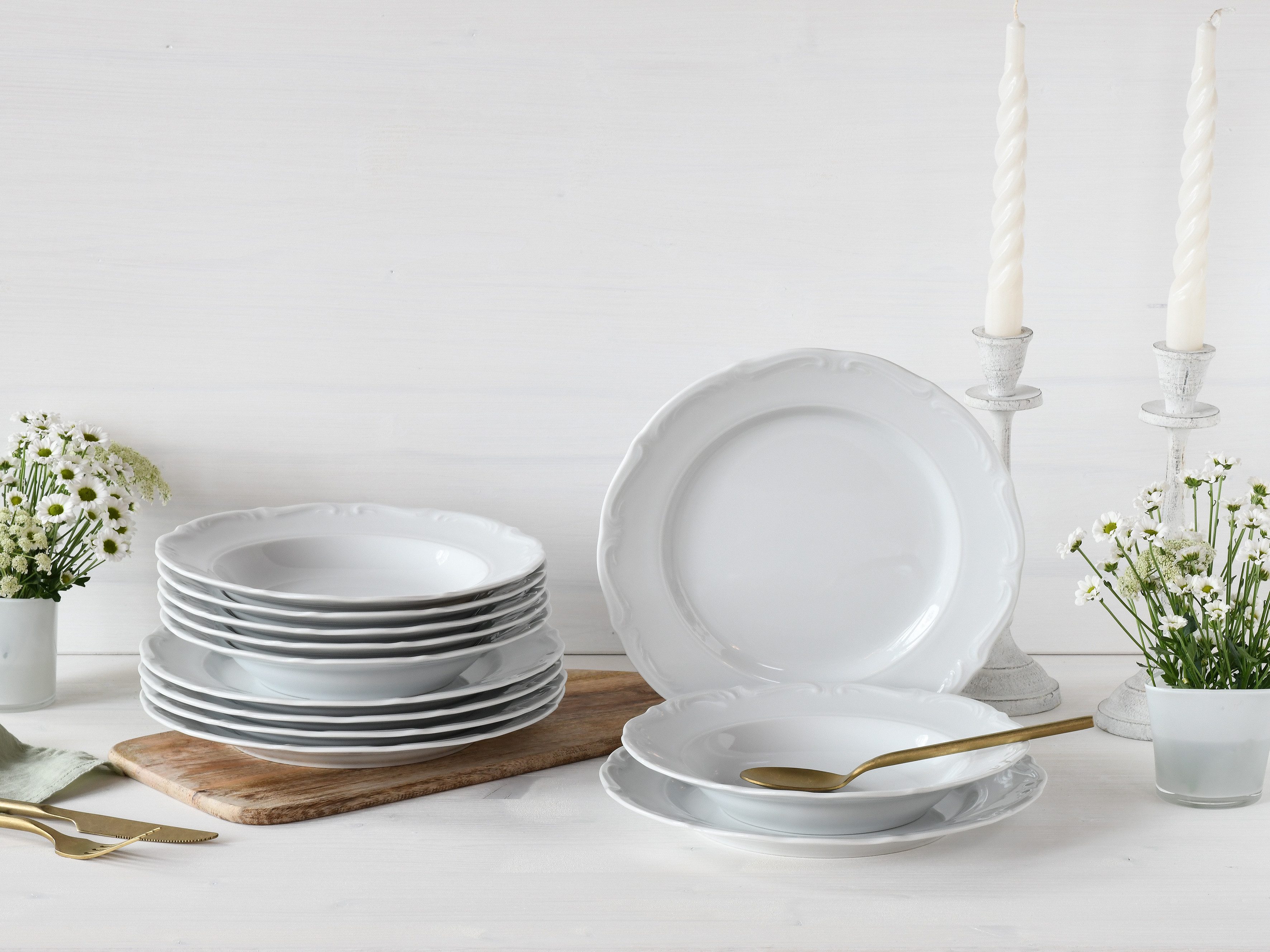 CreaTable Tafelservice Geschirr-Set Maria Theresia (12-tlg), 6 Personen, Porzellan, Geschirr, Teller Set, weiß, 12 Teile, für 6 Personen