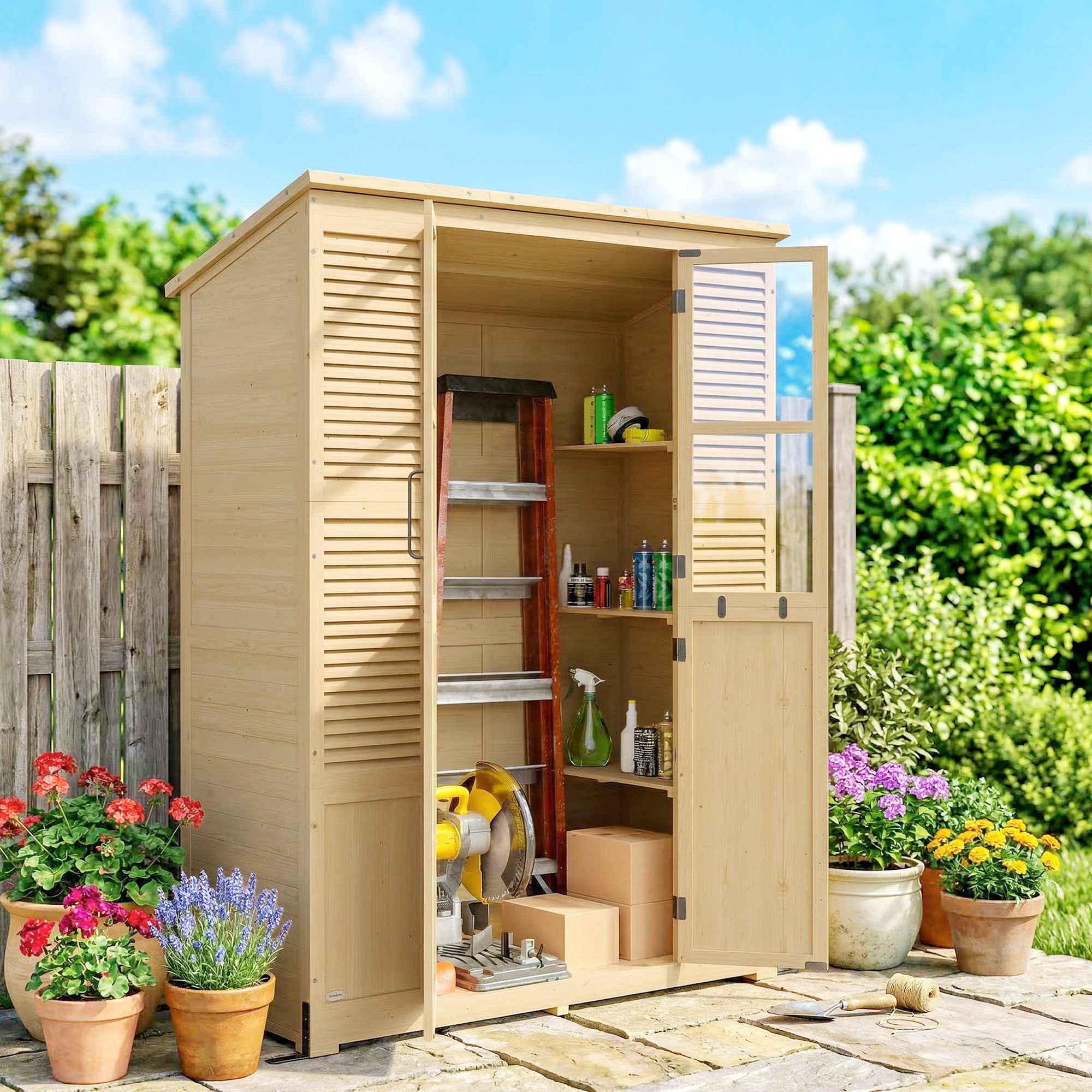Outsunny Gerätehaus Gartenschrank Geräteschuppen mit Ablage Acrylfenstern, BxT: 147x68 cm, (Gartenschrank, 3 St., Geräteschuppen), begehbar, Naturholz