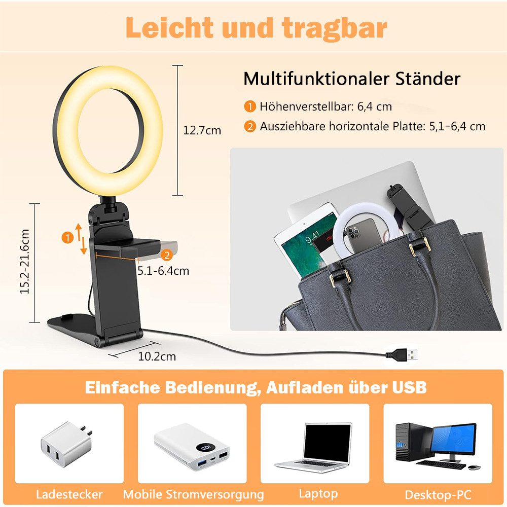 TUWENA Ringlicht Ringlicht LED Videolicht, 5” Streaming Licht mit Stativ & Handyhalter, 60 LED für Selfie Videokonferenz Streaming Make-up Vlog YouTube TikTok