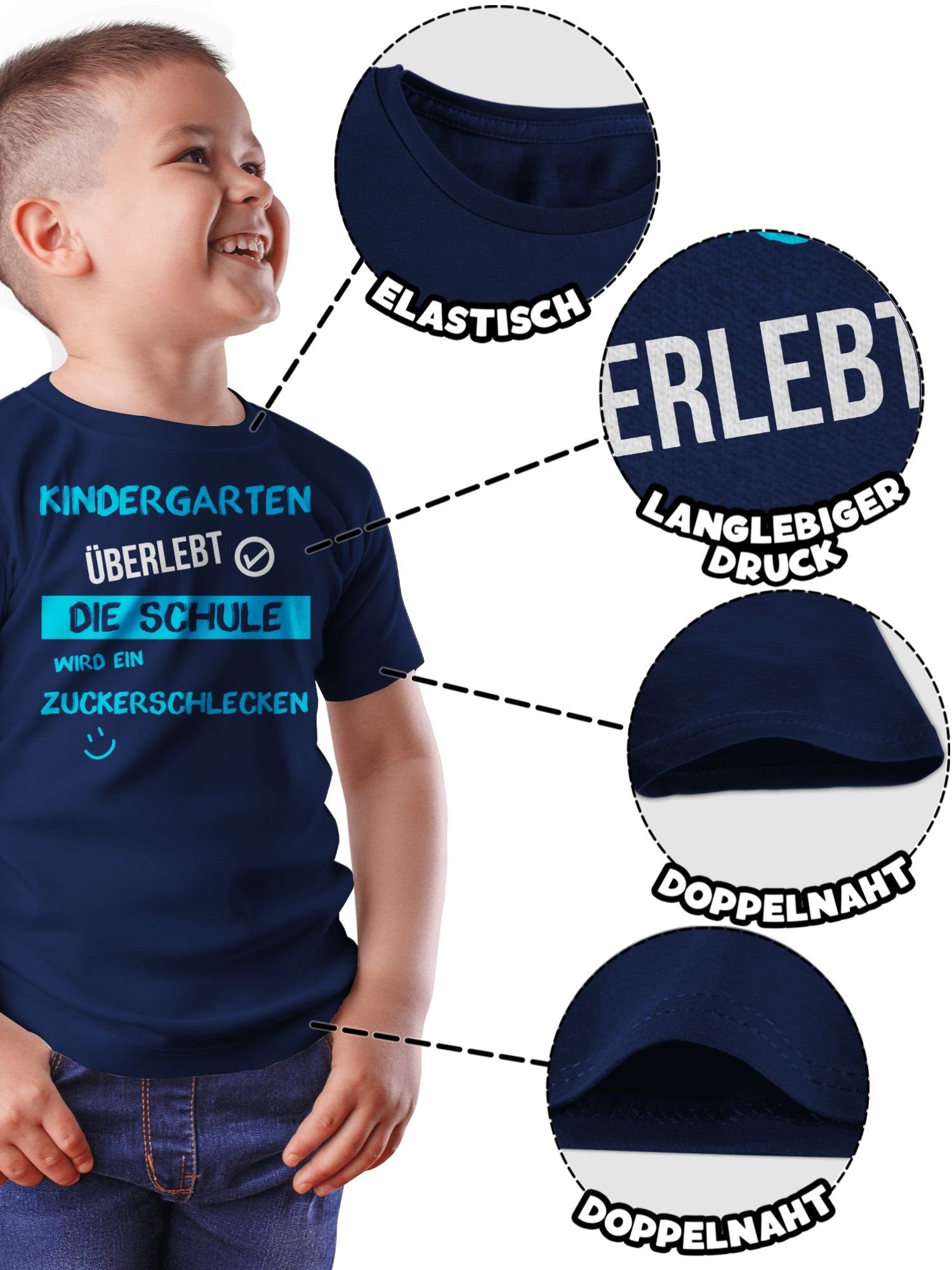 Schulanfang überlebt blau 1 T-Shirt Dunkelblau Emoticon Junge Shirtracer Kindergarten Geschenke Einschulung