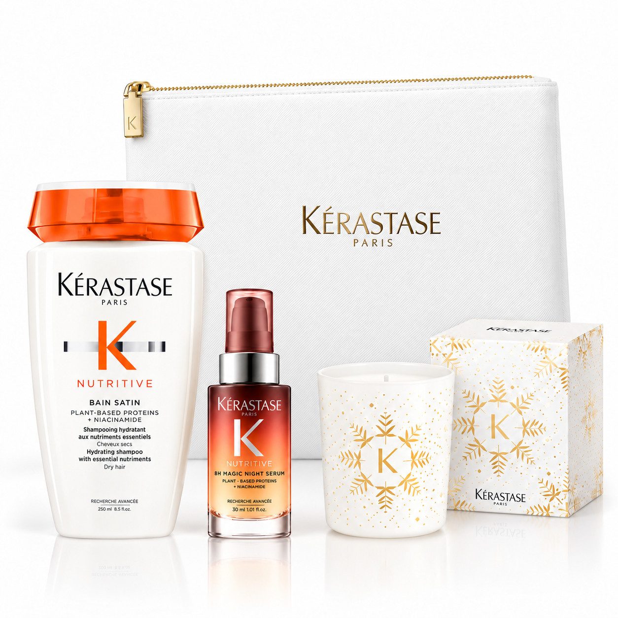 Kérastase Haarpflege-Set Nutritive Geschenkset mit Duftkerze, 4-tlg., inklusive Duftkerze + Kosmetiktasche