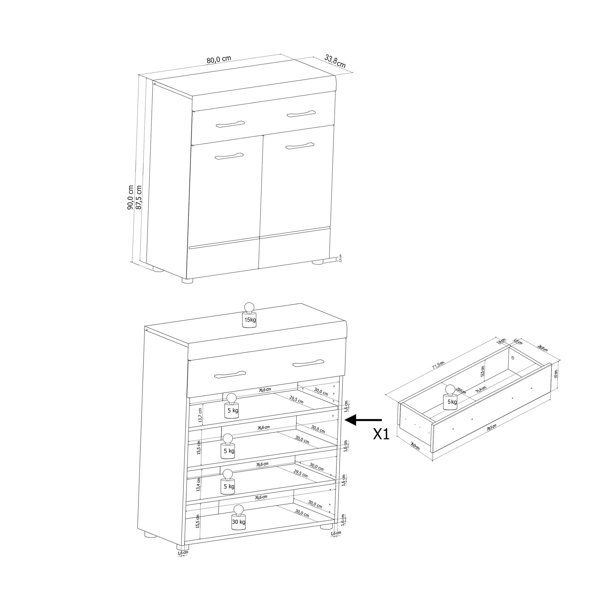 Artisan Tiefgezogen 80x90x34 Kommode Schuhschrank HG Jael 58 aufm Kessel Wickelkommode Oak/Weiß