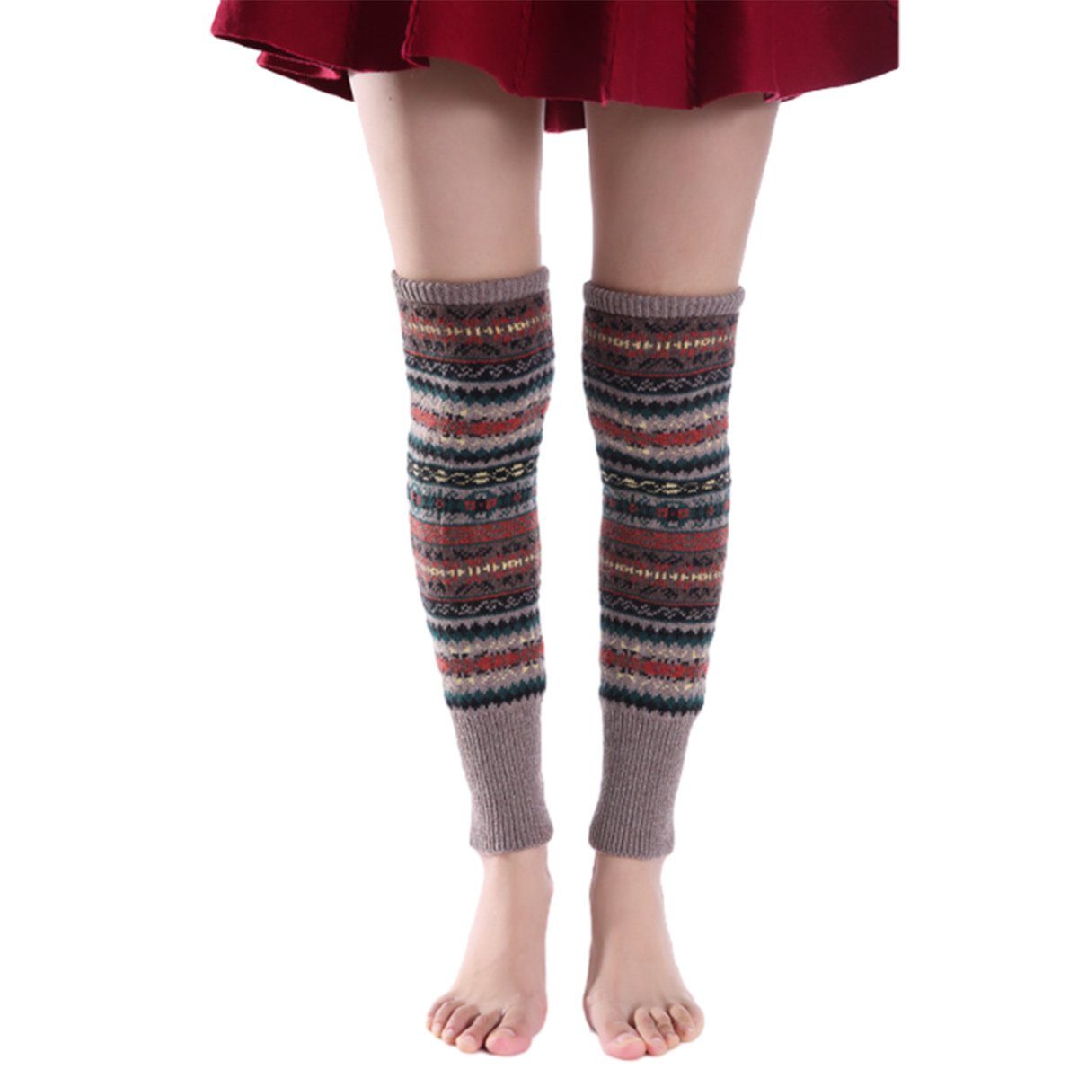 Jormftte Beinstulpen Damen Lange Winter Legwarmer Böhmischer Stil,Knit Socken,für Weihnacht khaki