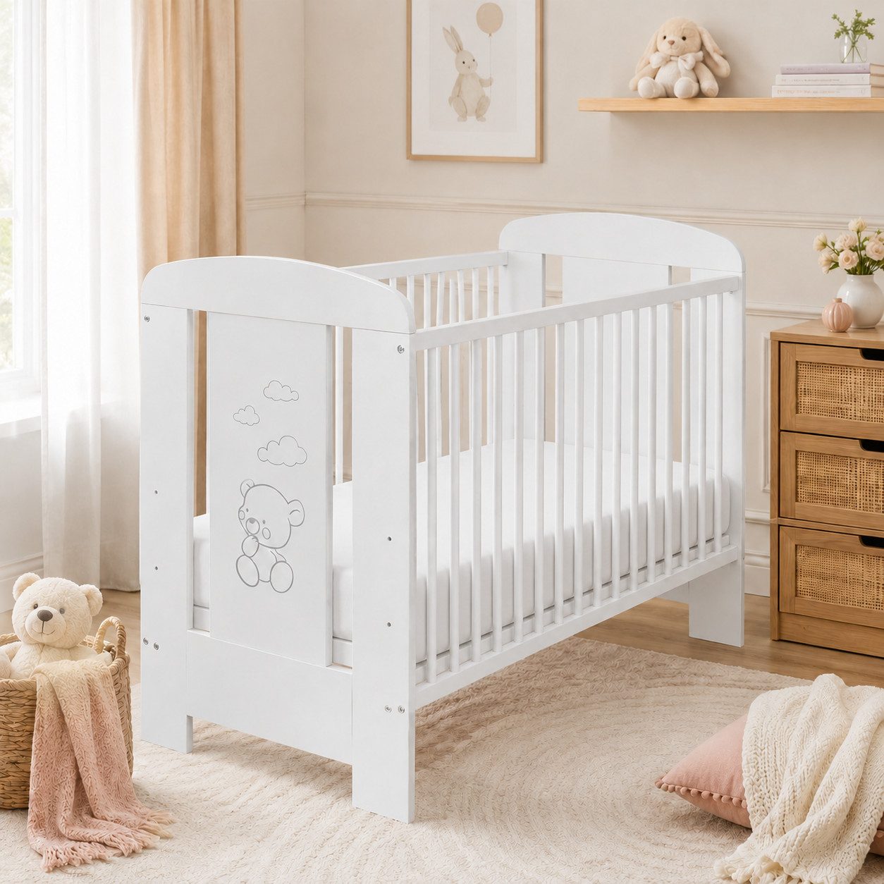 Best for Kids Babybett 120x60cm mit und ohne Matratze, 4-teilig, aus Buchenholz, 1-tlg., Kinderbett, Babybett 60x120 cm mit 3 herausnehmbare Schlupfsprossen