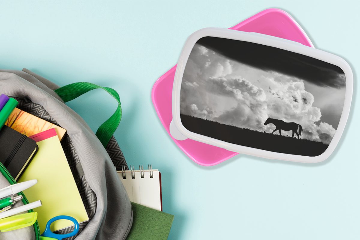 MuchoWow Lunchbox Silhouette eines Brotdose Snackbox, rosa Wildpferdes Kunststoff, Kinder, Mädchen, Erwachsene, für gegen Kunststoff (2-tlg), Wolken, Brotbox stürmische