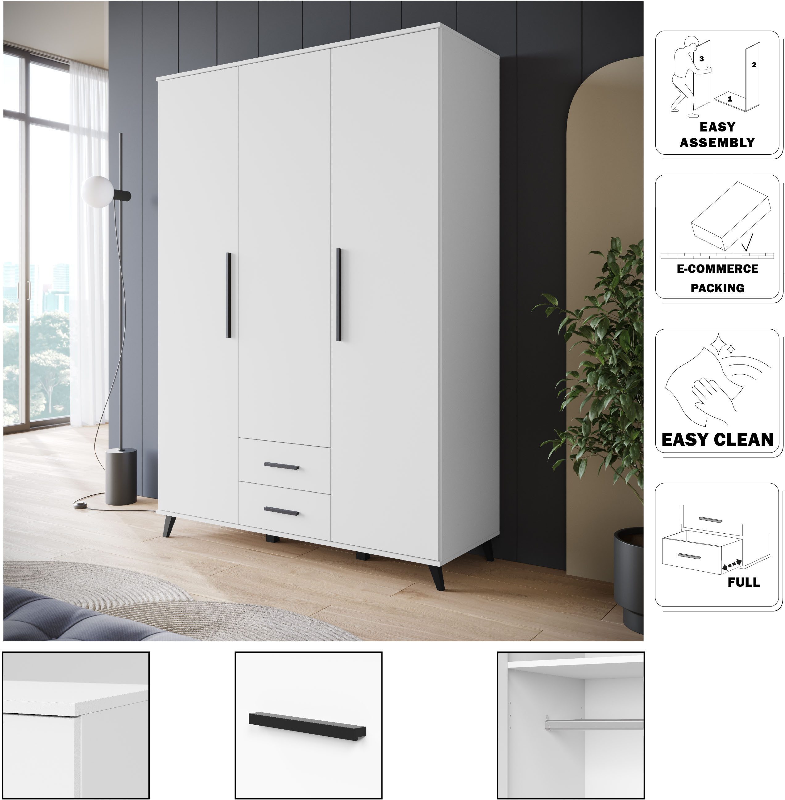 OTTO home Kleiderschrank Lagos, Garderobe Schlafzimmerschrank Wäscheschrank (in 2 Farben erhältlich) Moderner Drehtürenschrank, Breite 134 cm, 3 Türen, 2 Schubladen