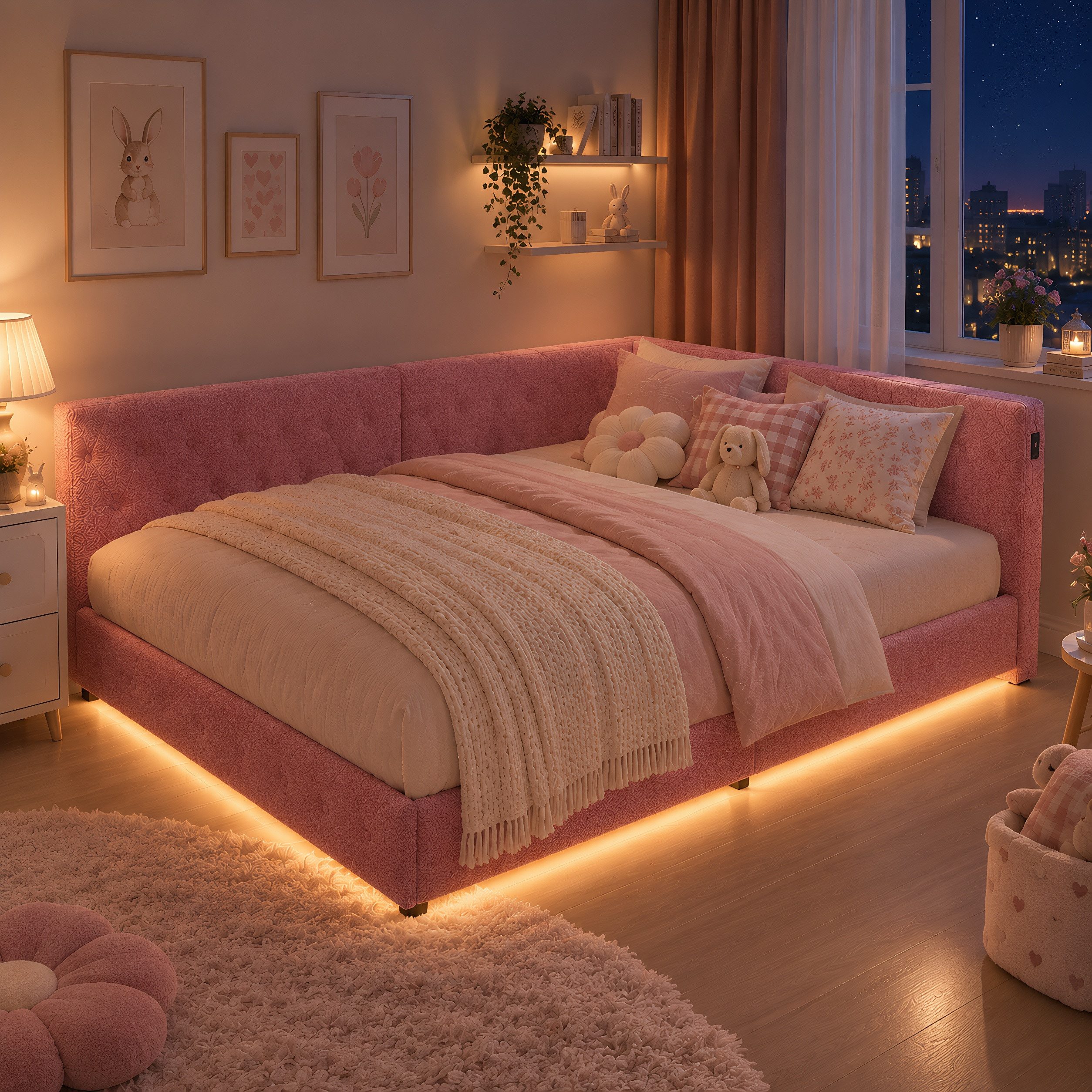 Simurq Polsterbett Daybett mit LED-Beleuchtung & USB, Tagesbett Jugendbett (Packung, 1-tlg., Teddysamt, in 2 Größen verfügbar), Schlafsofa Sofabett Doppelbett