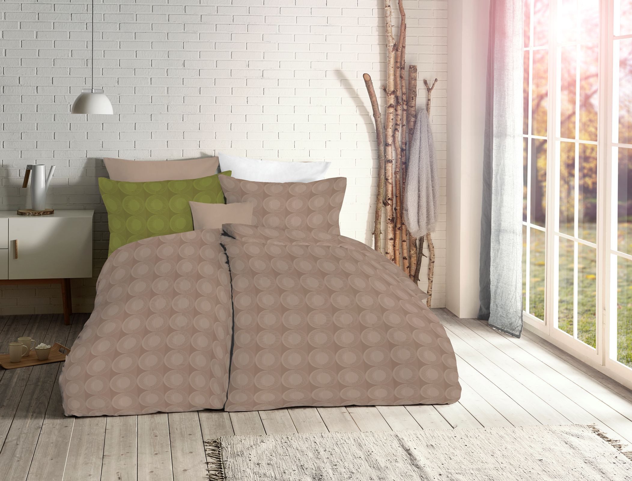 fleuresse Bettwäsche Fleuresse Havanna Damast Bettwäsche uni 135x200 Kreise Ringe taupe, Mako Damast, 2 teilig, Jacquard-Gewebe aus feinsten Garnen