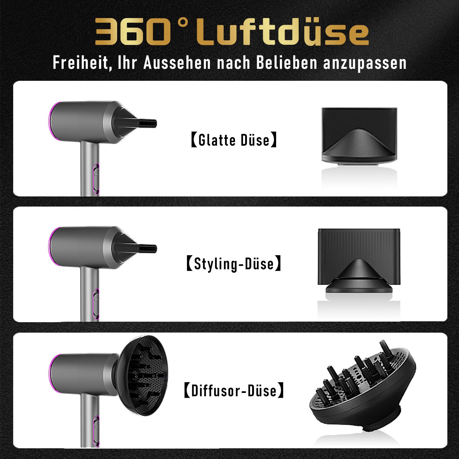 BRAIDOL Haartrockner Ionic-Haartrockner, Leistungsstark Föhn Ionen Dry & Style Hairdryer, 2000 W, Schnell Trocknend, Geräuscharm mit 2 Stylingdüse & 1 Diffusor, für Frauen Lockiges Haar, Zuhause, Salon, Reisen