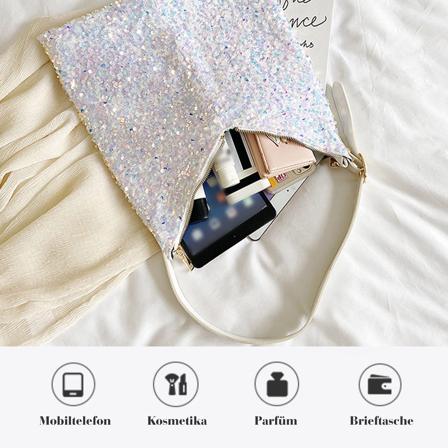 Refttenw Handtasche Pailletten Handtasche,Unterarm Tasche,V-Typ-Damenhandtasche, einstellbar