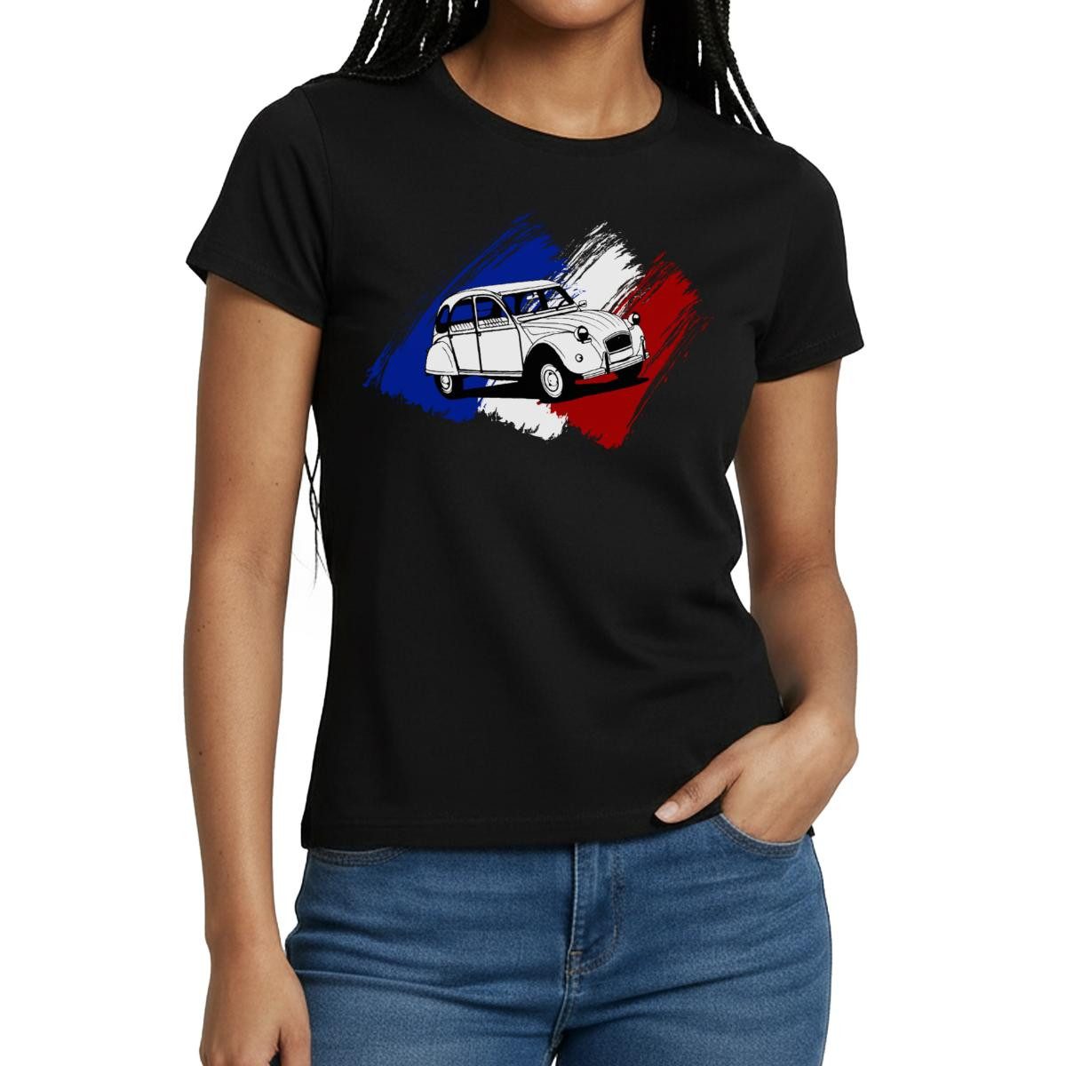 Spreadshirt T-Shirt Citroën 2CV Ente Französische Flagge Frauen T-Shirt (1-tlg) Slim Fit, fällt klein aus
