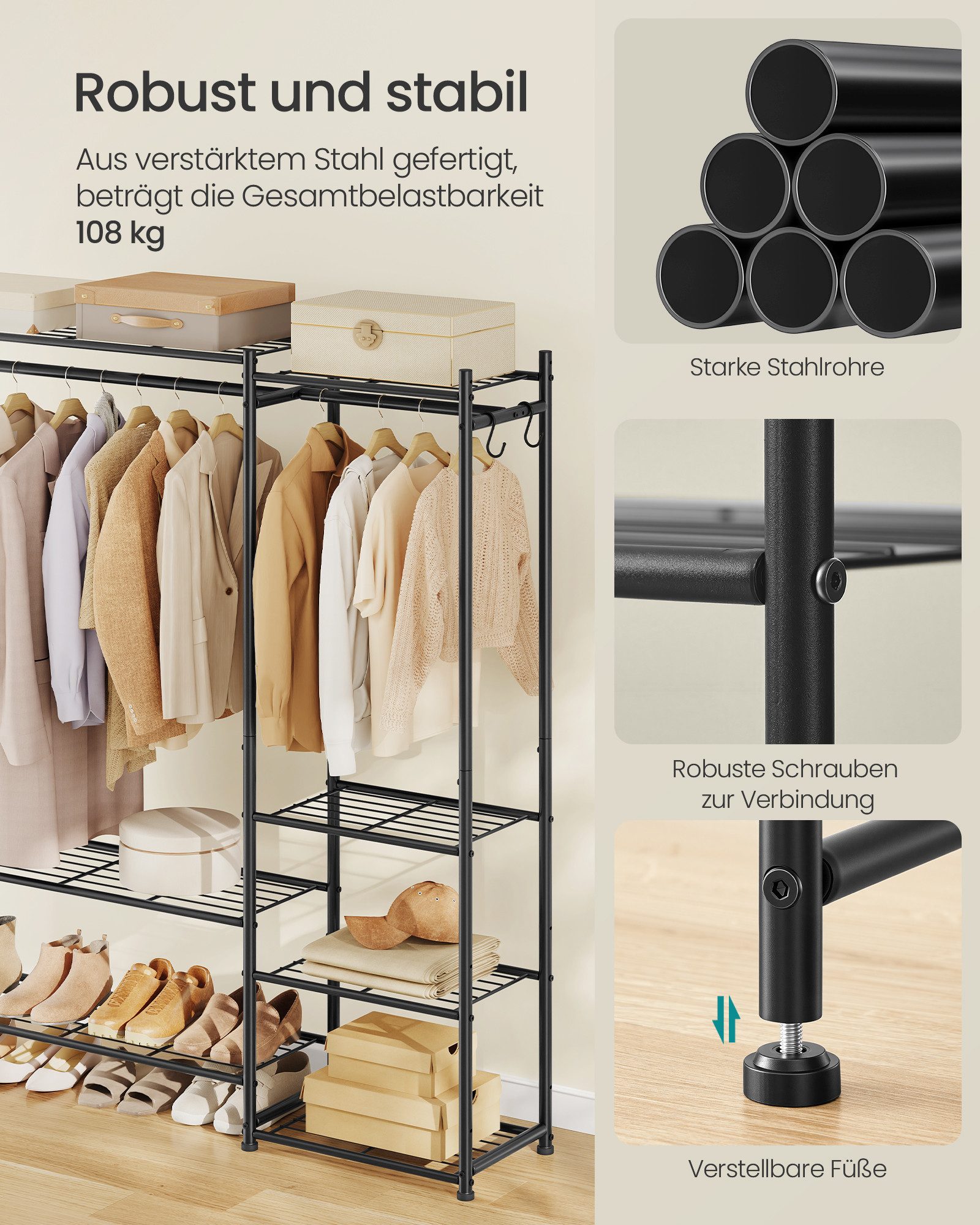 SONGMICS Kleiderschrank offener Kleiderschrank, Garderobenständer mit 7 Ablagen, 2 Kleiderstangen, 4 S-Haken, Metallrahmenm – Bild 4 von 5