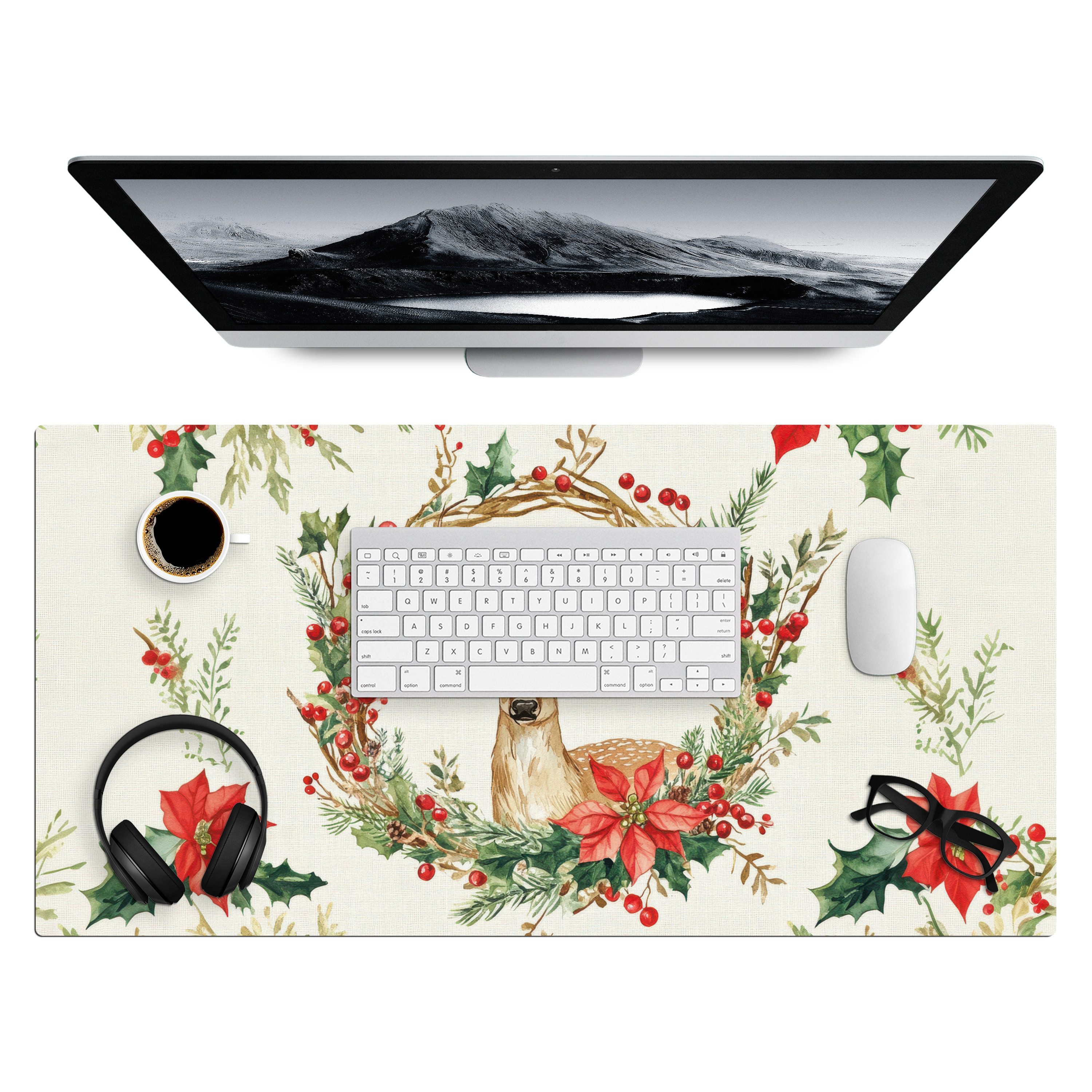 MuchoWow Gaming Mauspad Weihnachtskranz - Hirsch - Stechpalme - Rot (1-St), Gaming Mauspad XXL, Schreibtischunterlage, Desk Mat Groß, 80x40 cm