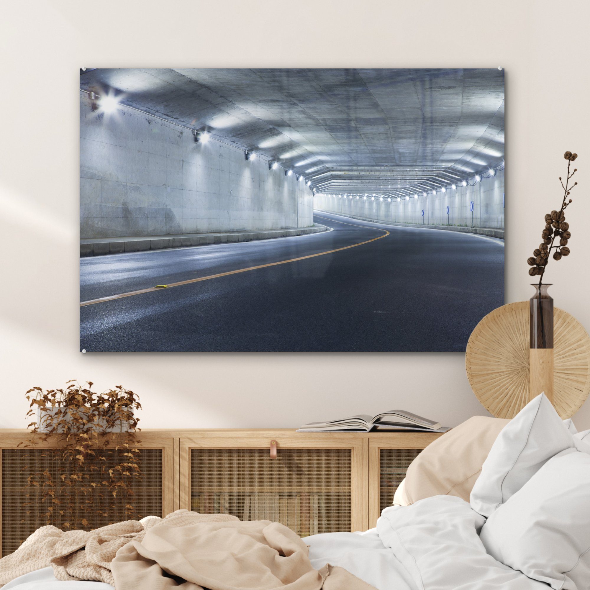 MuchoWow Acrylglasbild Moderne Autobahn mit St), einem Wohnzimmer Acrylglasbilder Schlafzimmer (1 Tunnel, &
