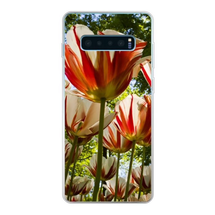 MuchoWow Handyhülle Ein Garten mit roten und weißen Tulpen Phone Case Handyhülle Samsung Galaxy S10+ Silikon Schutzhülle