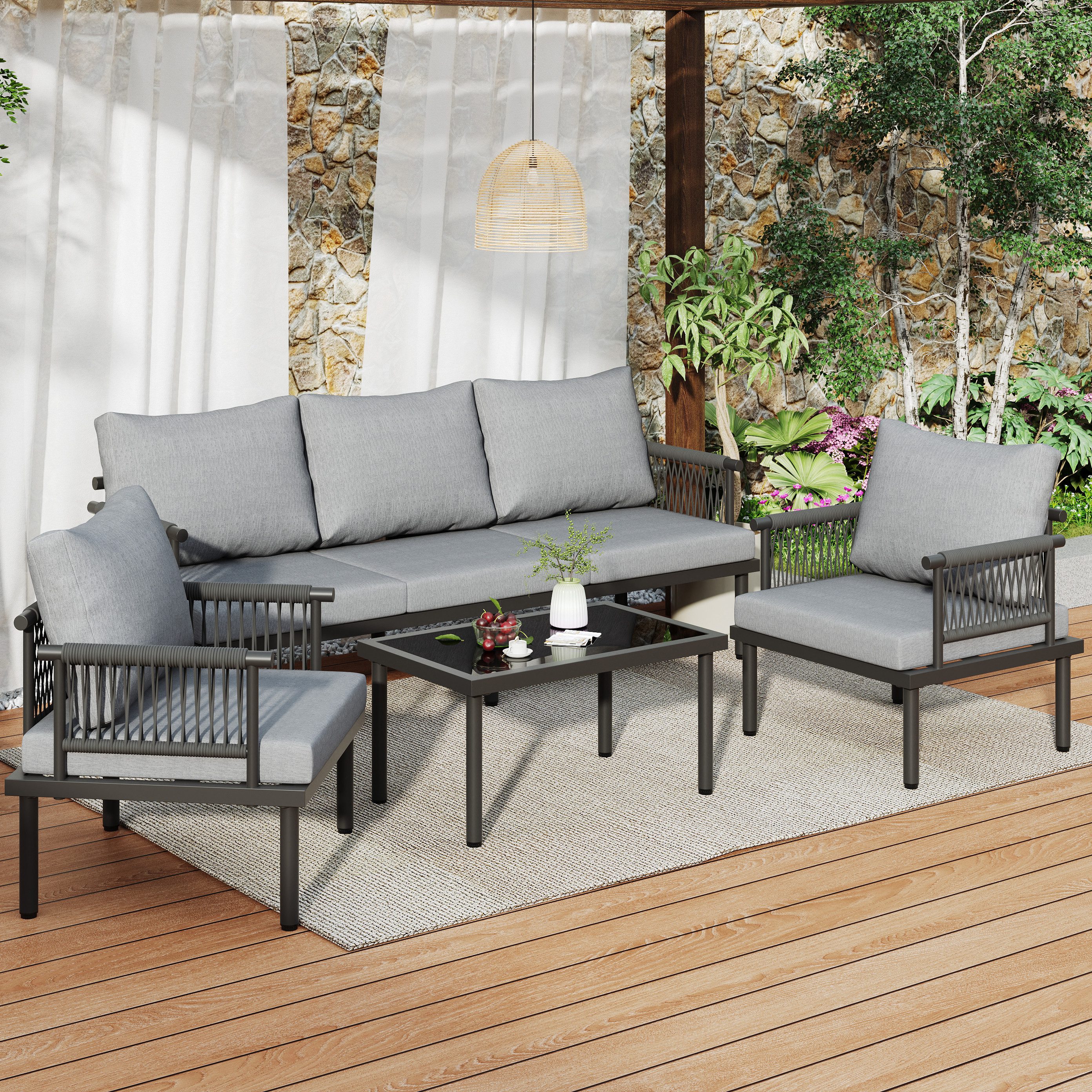 Flieks Gartenlounge-Set, 5-Sitzer Gartenmöbel mit geflochtenen günstig online kaufen