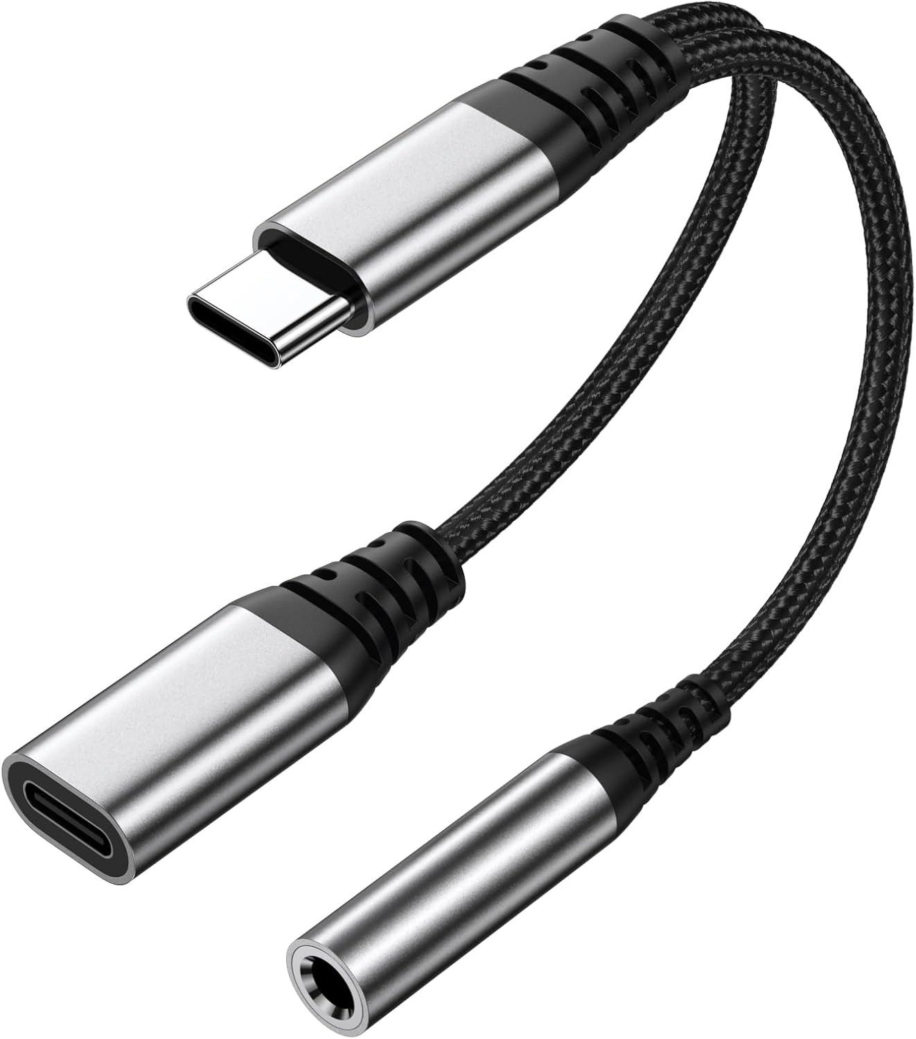 Forrlite USB C Splitter 1 zu 2, USBC Verteiler Doppelstecker Audio-Adapter USB C zu Schnellladung Aux Audio für iPhone 15 16 Samsung S25 S24 Type C Devices(Silber) zu 2 in 1 Typ C auf 3.5mm Kopfhörer Adapter mit PD 60W Schnellladung