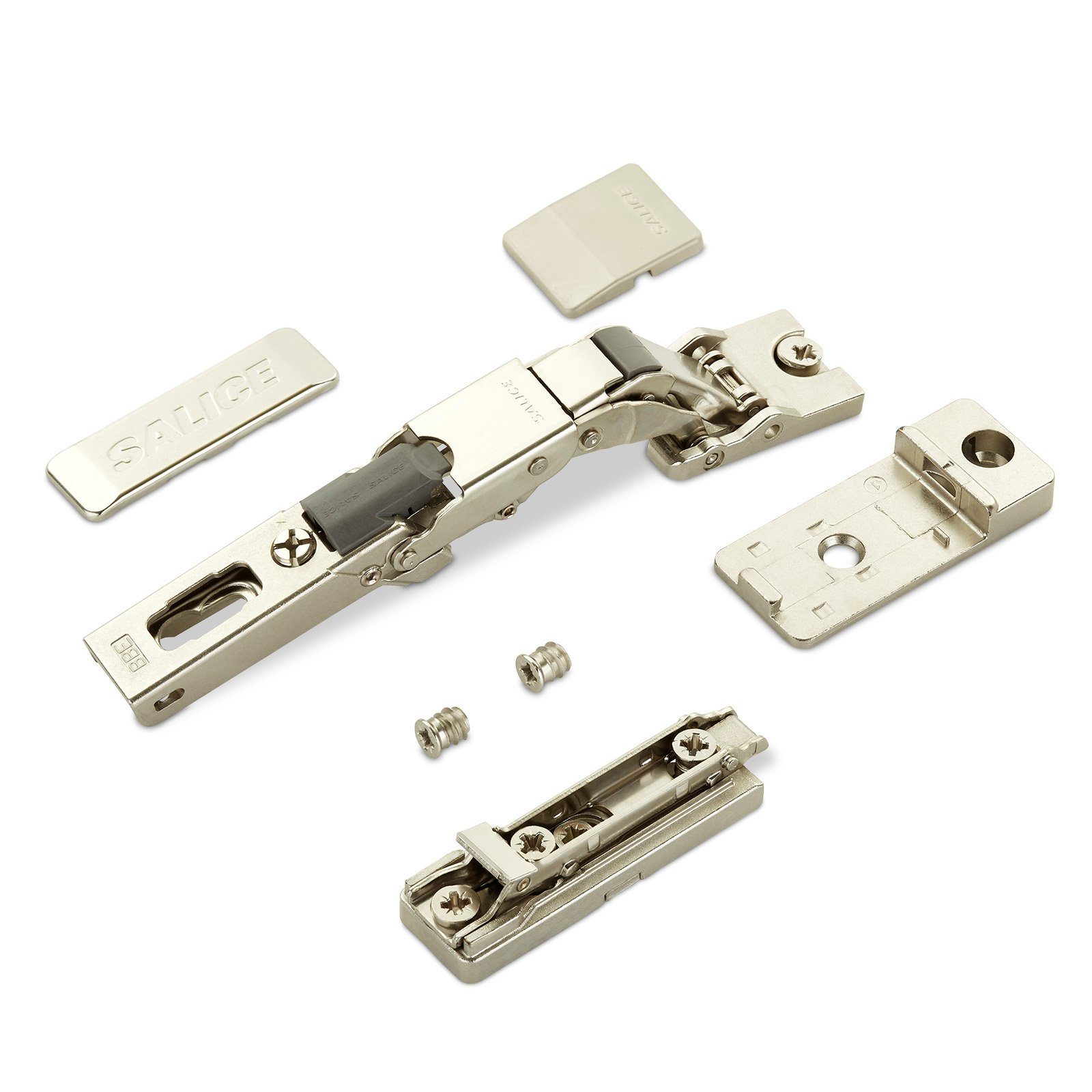 Salice Möbelbeschlag 2x Topfband Universalscharnier 110° Push Open Komplettset (2 St), mit Linear-Montageplatte Höhe 3 mm Euroschrauben, Exzenter