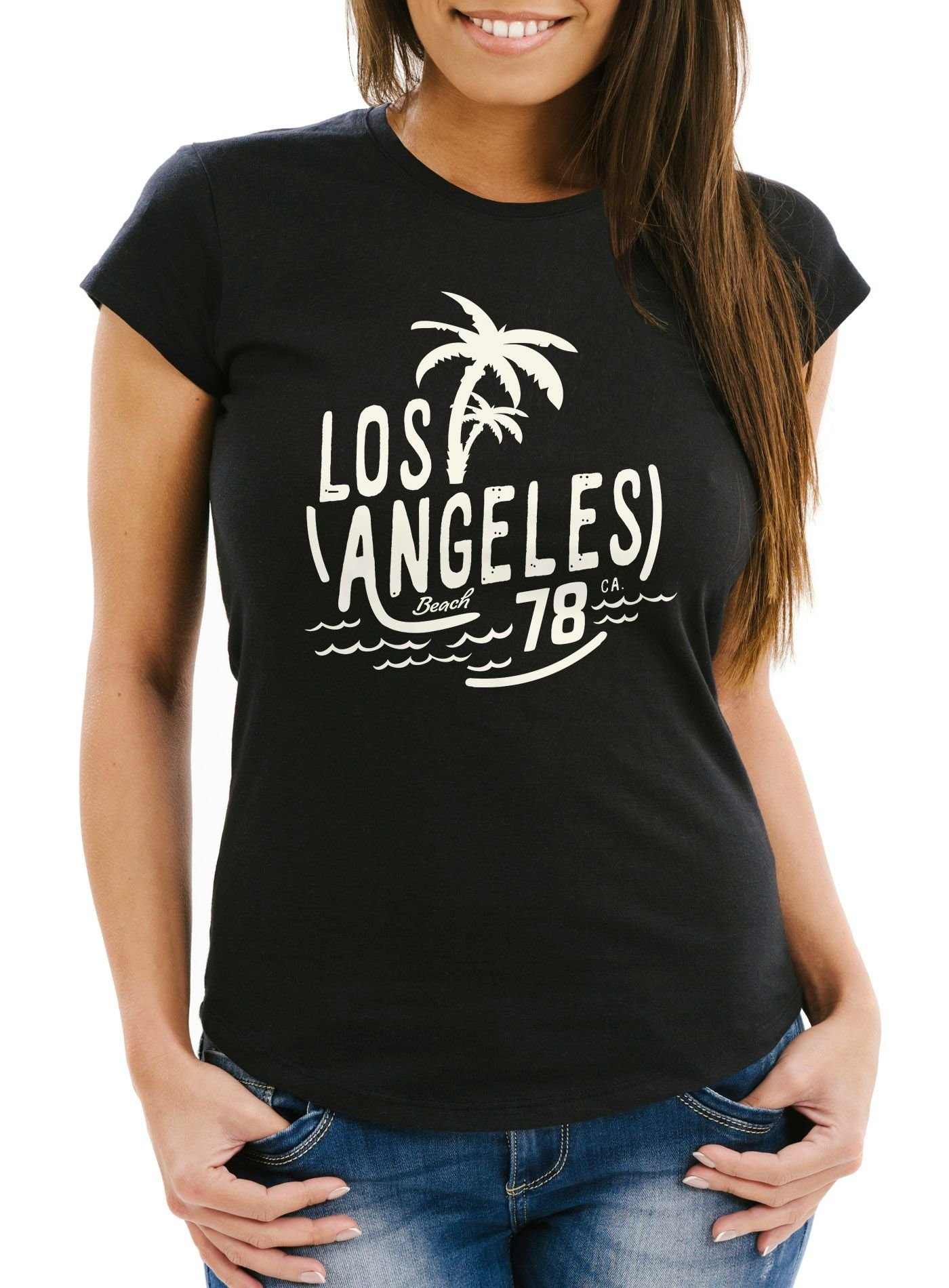 Print-Shirt Damen T-Shirt Los Angeles Beach Palmen Surf Print Slim Fit Neverless®