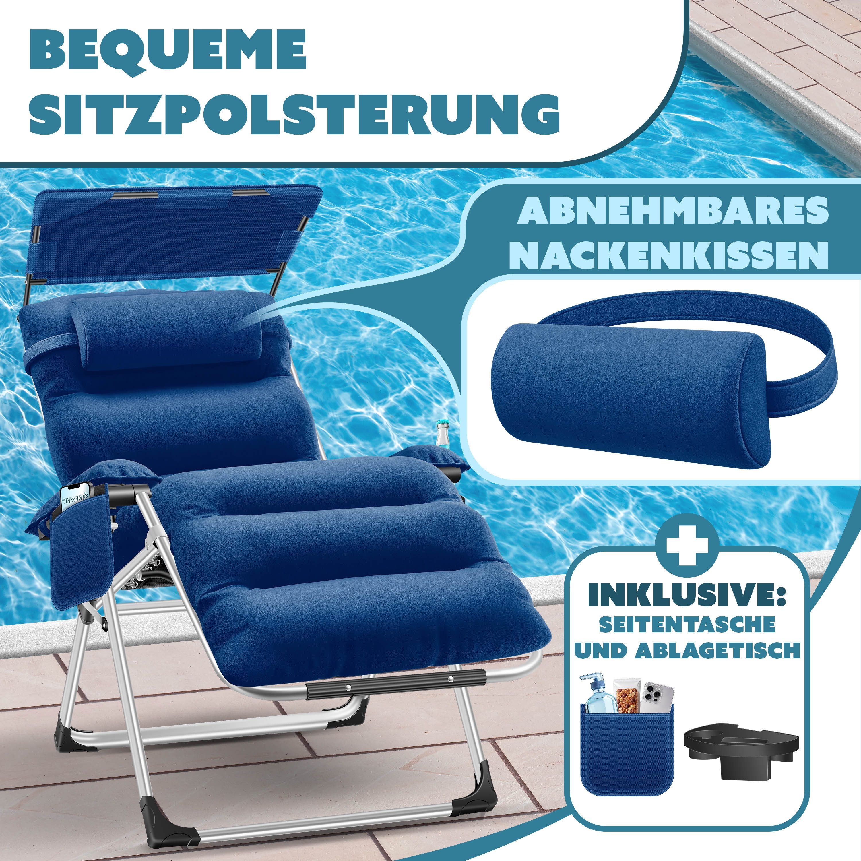 KESSER Gartenliege, Sonnenliege Liegestuhl Klappbar + Nackenkissen Gartenstuhl