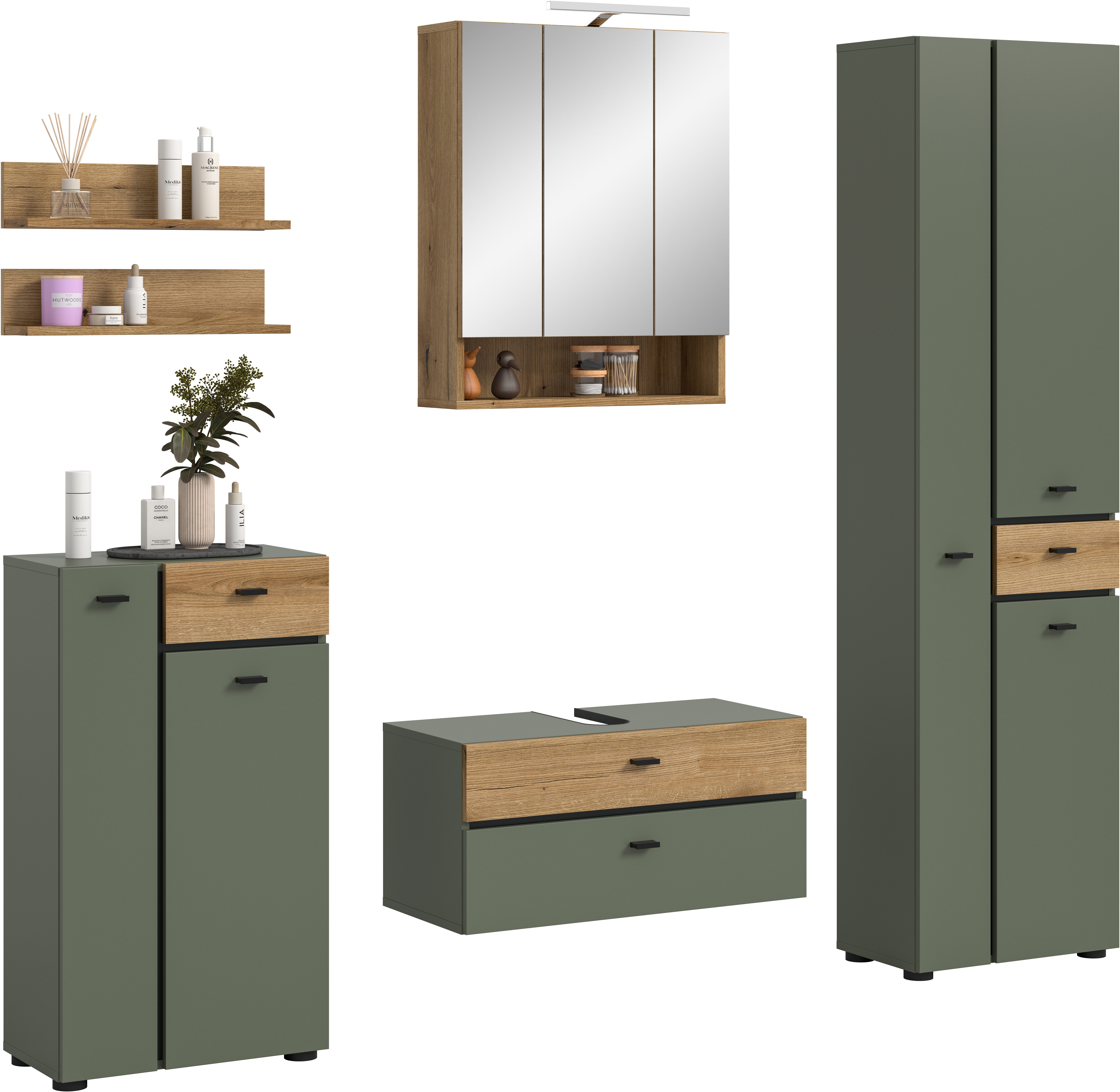 welltime Badmöbel-Set VANN, 6-teilige moderne Badkombination, inkl. Beleuchtung, (6-St., Midischrank, 2er Set Wandregal, WBU, Spiegelschrank, Hochschrank), Bad-Kombination, Bad-Möbel, Badezimmer, Kombination, Kombi, Bad-Set