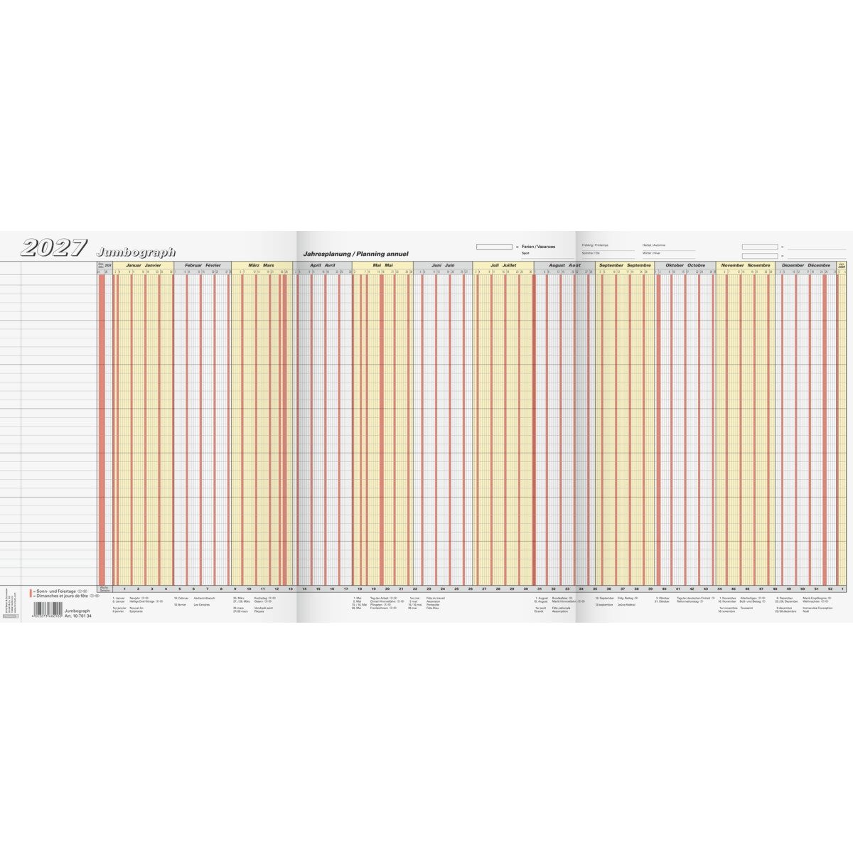 BRUNNEN Jahresplaner Urlaubsplaner Jumbograph 64,7x29,7cm 1 Seite = 12 Monate leporellogefa