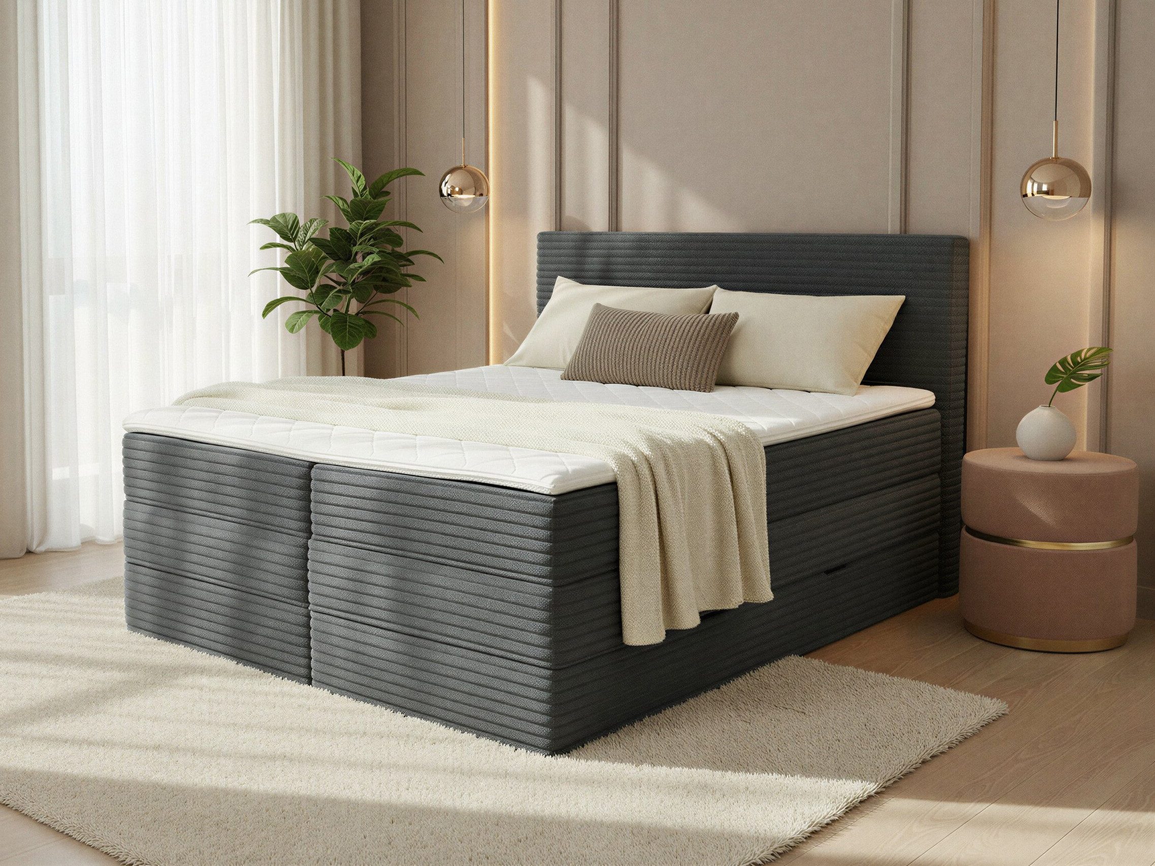Sofnet Boxspringbett Mollo XL (2x Bettkästen, Bonellfederkern- und Taschenfederkernmatratze, Topper), Polsterbett, Doppelbett, Cord Bezug, mit Kopfteil, 140/160/180x200 cm