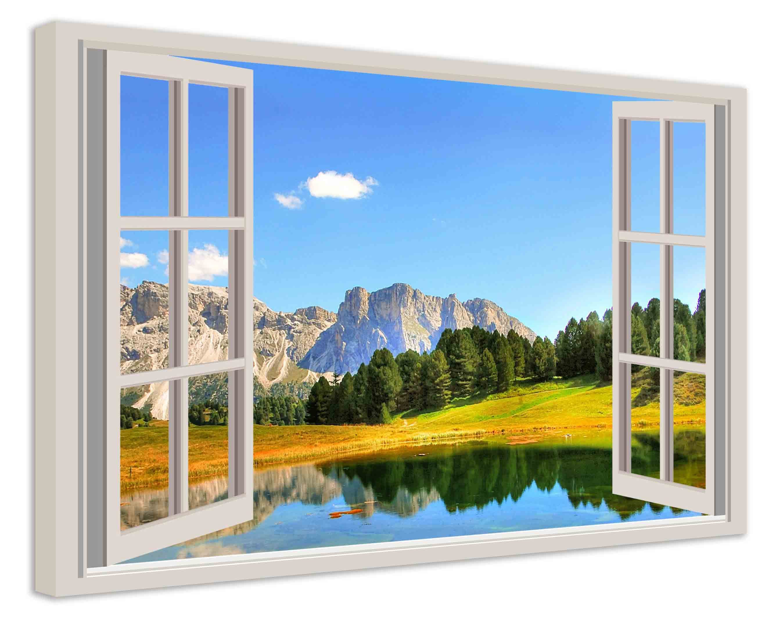 Leinwando Leinwandbild Gemälde / Fensterblick auf Weide mit See und Gebirge  - Moderne Kunst / Wanddekoration fertig zum aufhängen