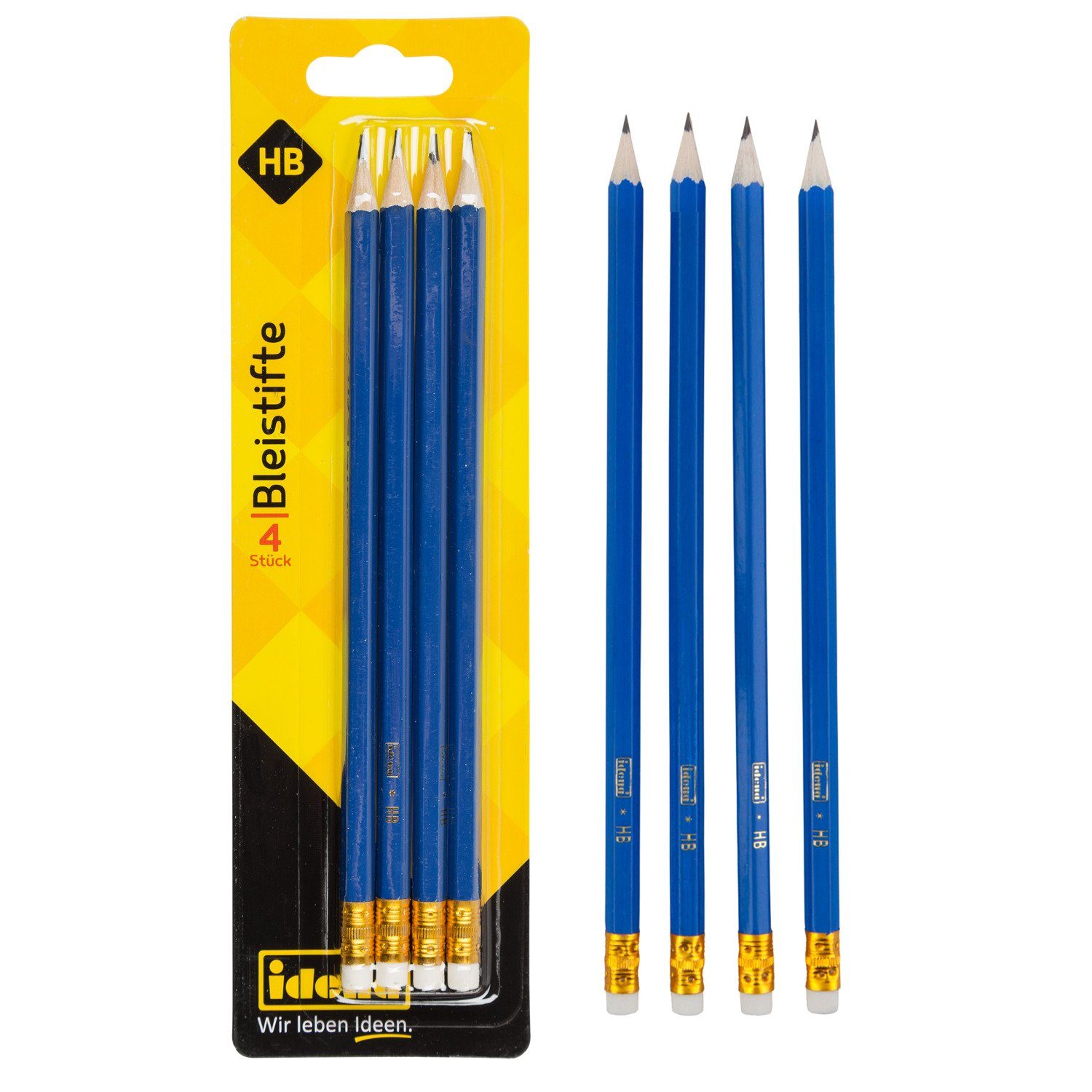 Idena Bleistift Idena 20013 - Bleistift, 4 Stück, Härte HB, mit Radiertip, Blau