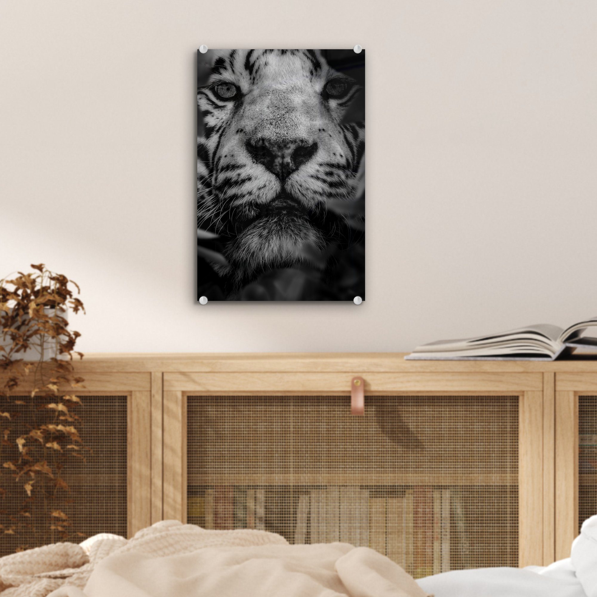 Blättern -, Dschungel MuchoWow - auf - und St), Glasbilder im Nahaufnahme Glas Wandbild Glas (1 Bilder auf weißen - Wanddekoration Tiger von einem Foto bunt Acrylglasbild