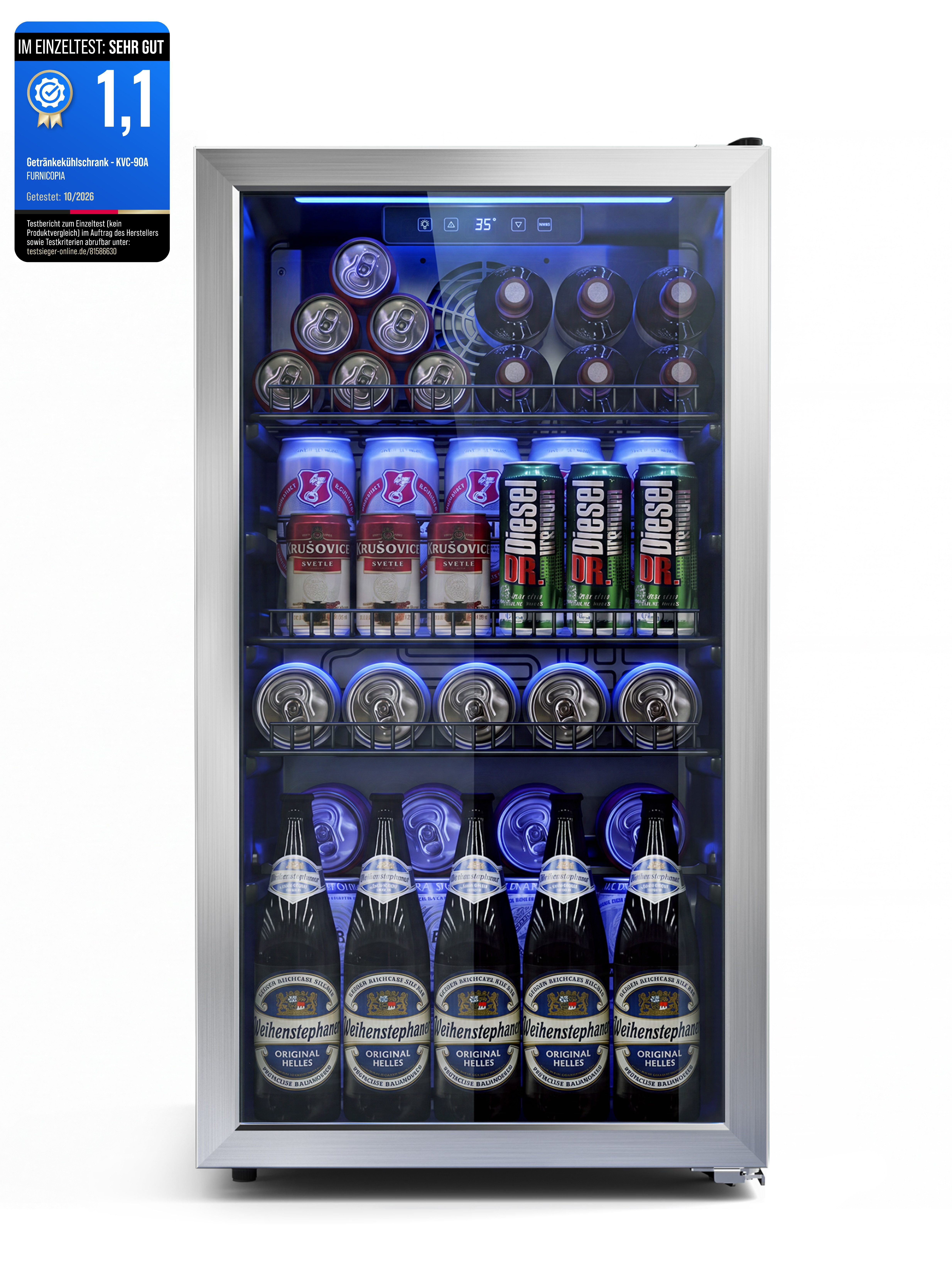 Furnicopia Getränkekühlschrank 90L, Doppelglas, LED, leiser Betrieb, silberner Aluminium-Rahmen KVC-90A, LED-Touch, verstellbare Füße & …