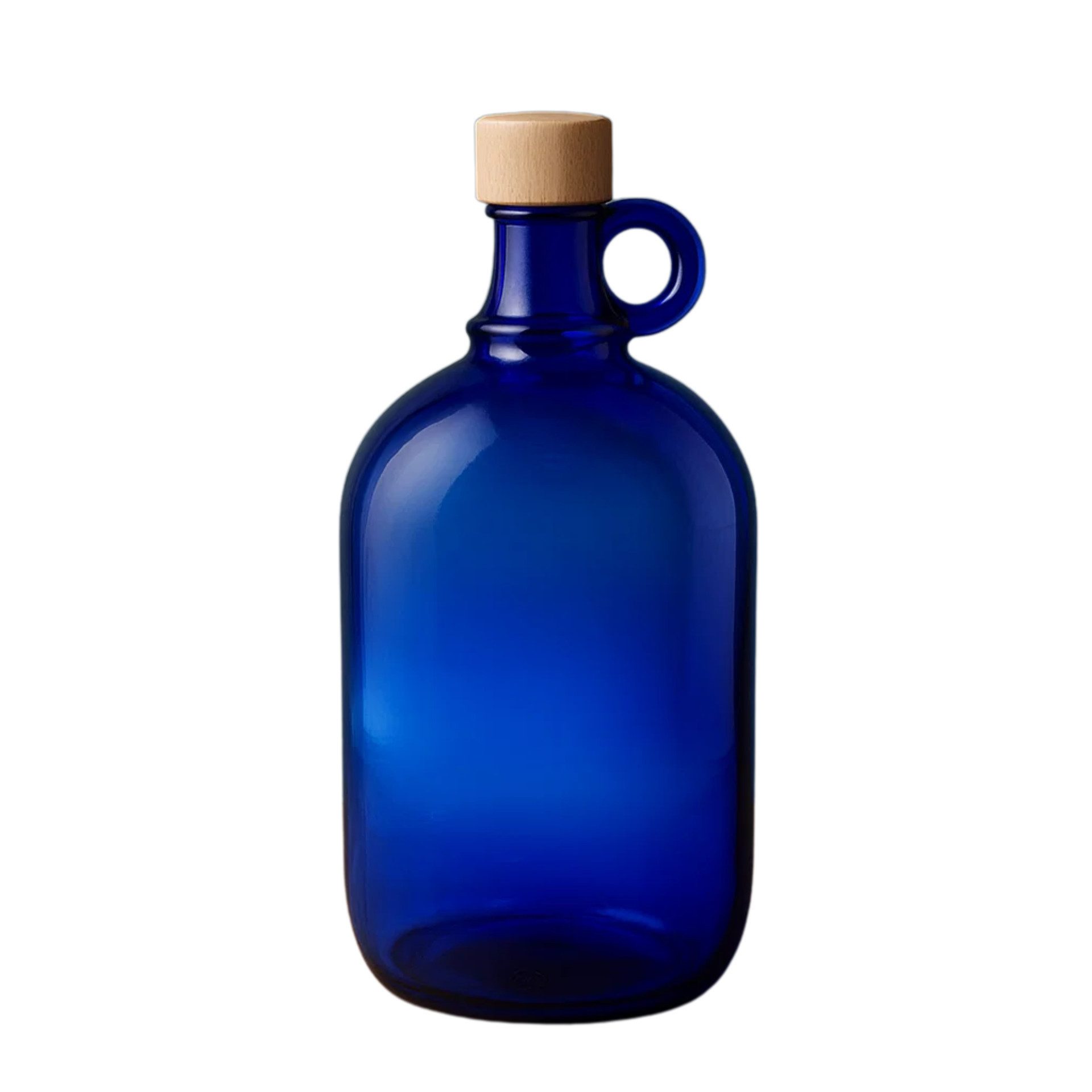 mikken Trinkflasche Henkelflasche 2000 ml blau mit Holzdeckel – Glasballonflasche Blauglas, UV-Schutz, XXL, Lebensmittelecht