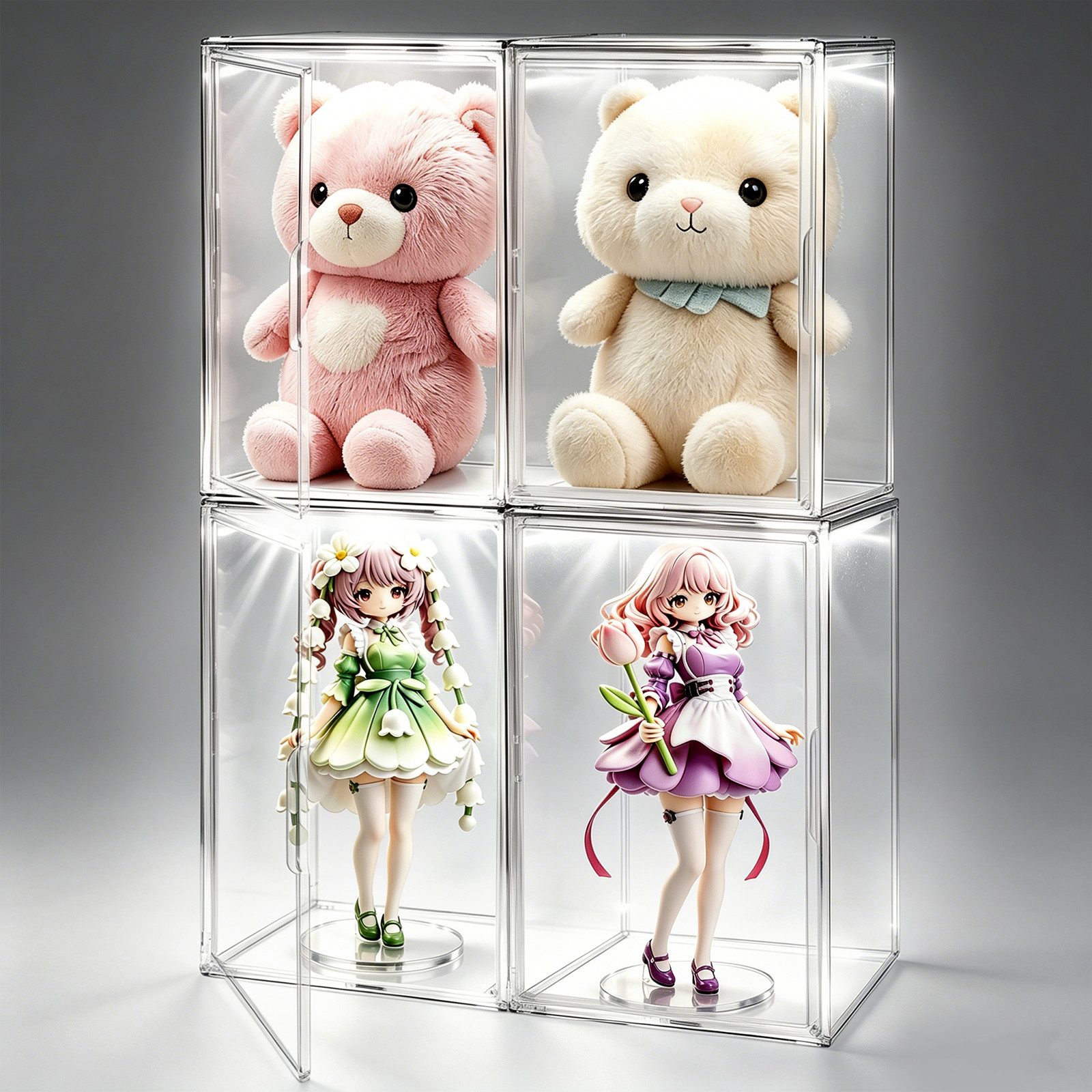 XIIW Aufbewahrungsbox LED Vitrine Transparente Schuhboxen Displaybox Organizer Schaukasten (Set, 4 St., 44×33×33cm Stapelfähig mit Magnettür), für Modelle Spielzeug Handtasche Sammelfiguren