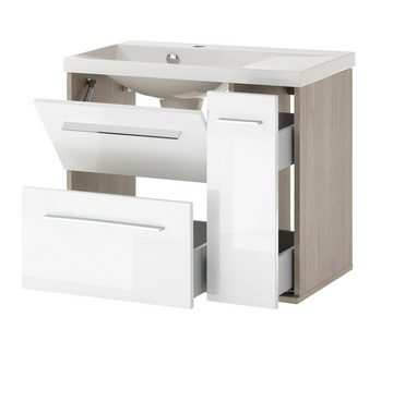 Furn.Design Waschtisch Venni (weiß Hochglanz Lack und Eiche, Breite 70 cm), mit Soft-Close-Funktion, inklusive Waschbecken